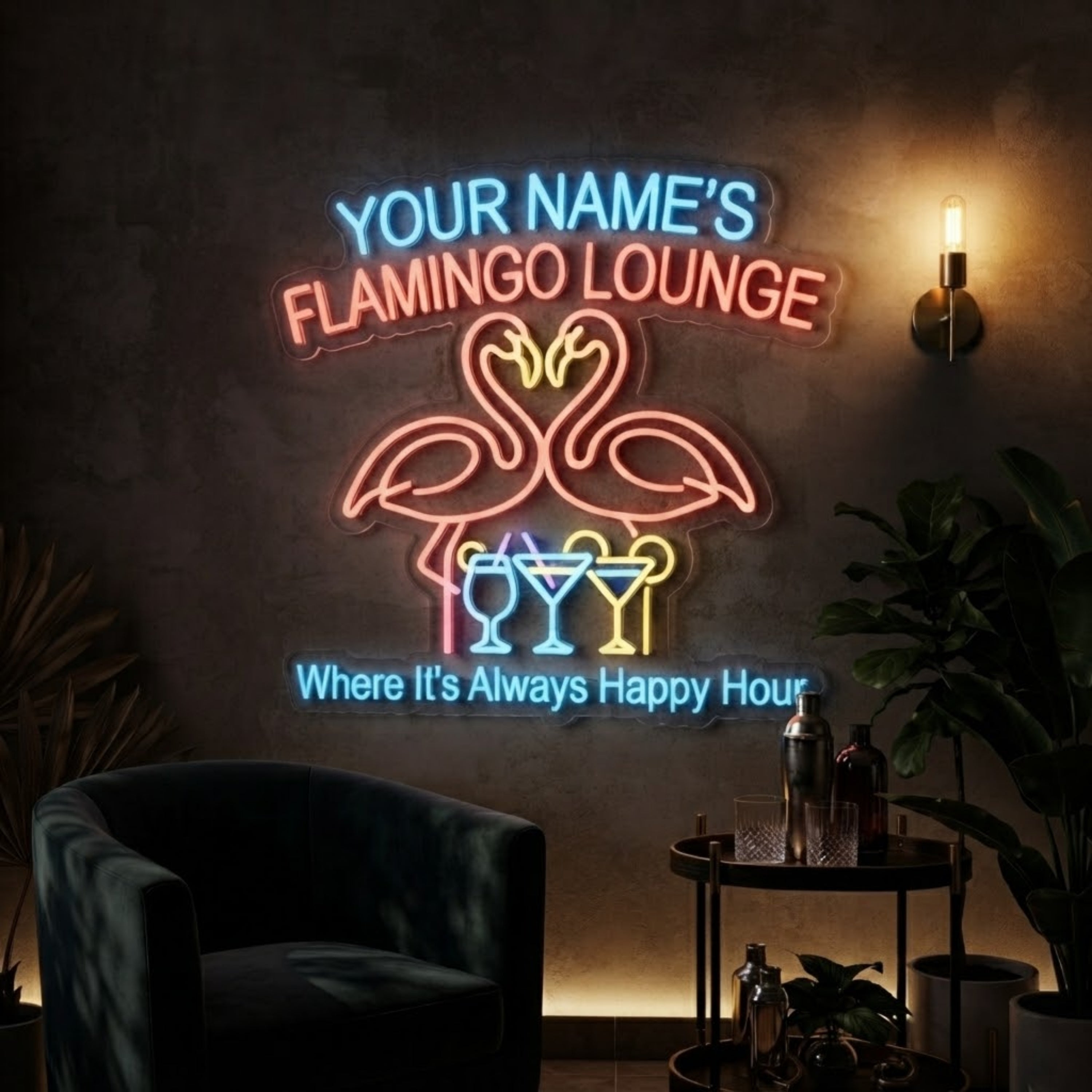 Personalized Flamingo Lounge Neon Sign Custom Name LED Sign, Tropical Bar Light