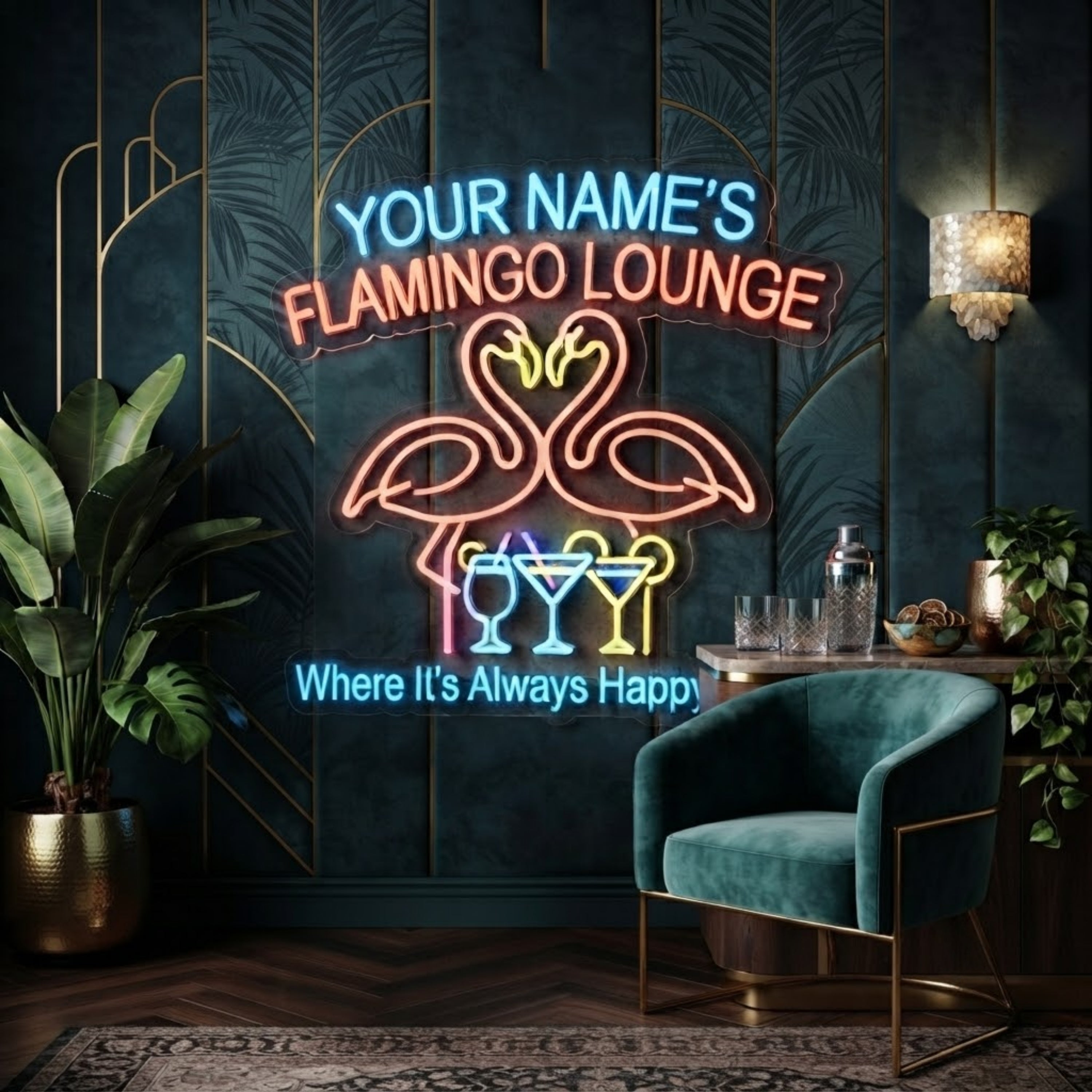 Personalized Flamingo Lounge Neon Sign Custom Name LED Sign, Tropical Bar Light