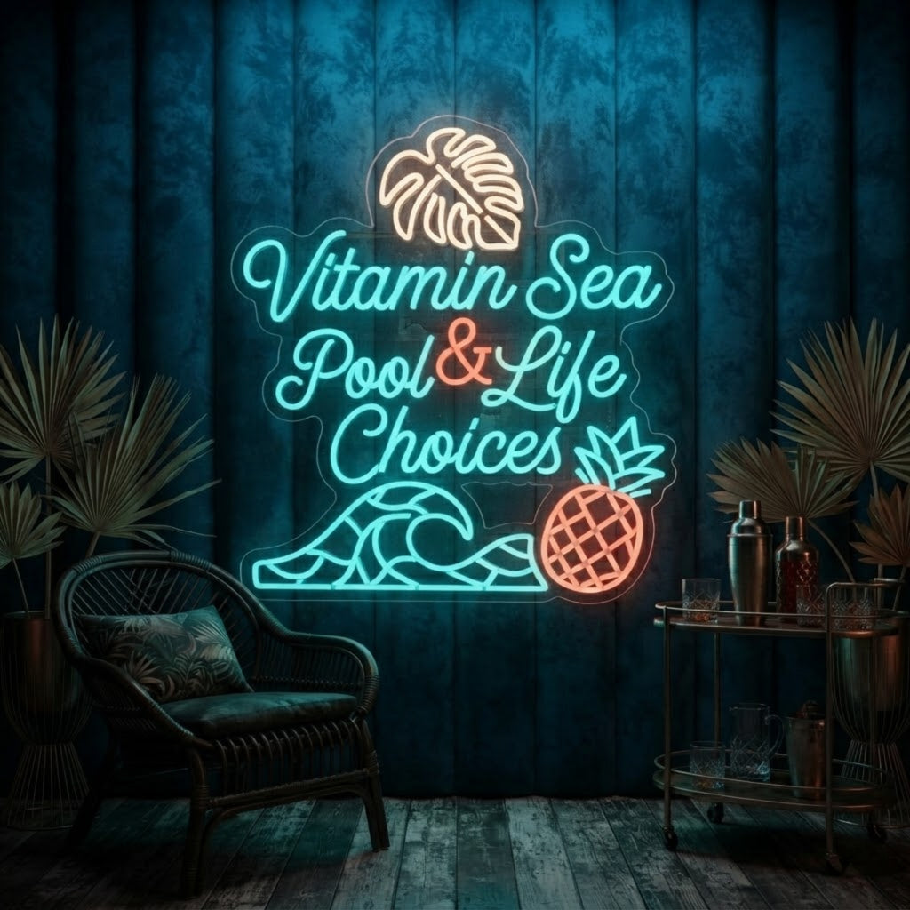 Vitamin Sea Neon Sign Pool & Life Choices Tropical Wall Decor Beach Bar Neon Lig