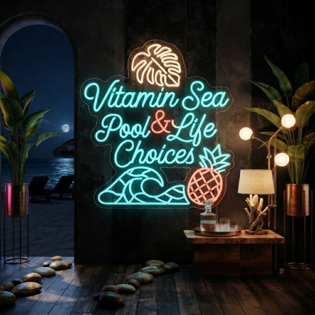Vitamin Sea Neon Sign Pool & Life Choices Tropical Wall Decor Beach Bar Neon Lig