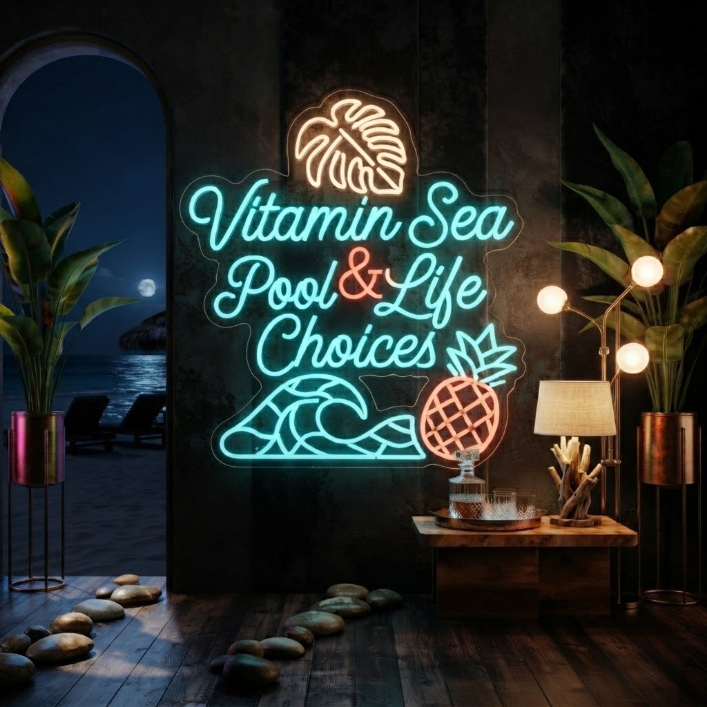 Vitamin Sea Neon Sign Pool & Life Choices Tropical Wall Decor Beach Bar Neon Lig