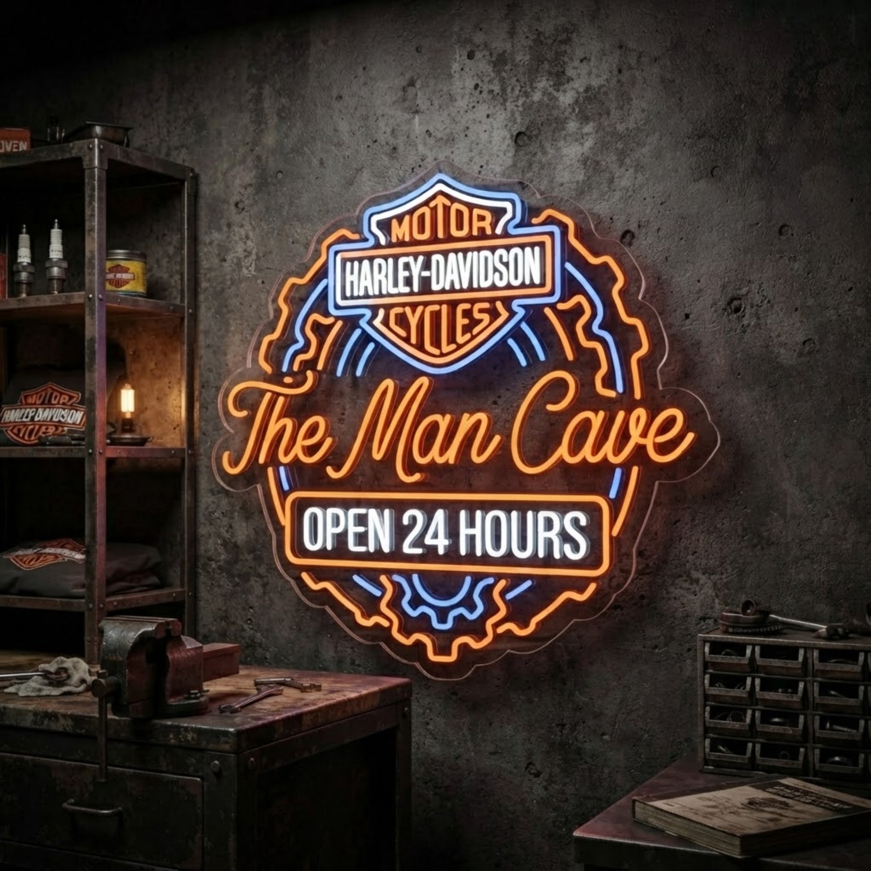 The Man Cave Neon Sign Motorcycle Bar Wall Decor, Garage Neon Light, 24 Hours Ma