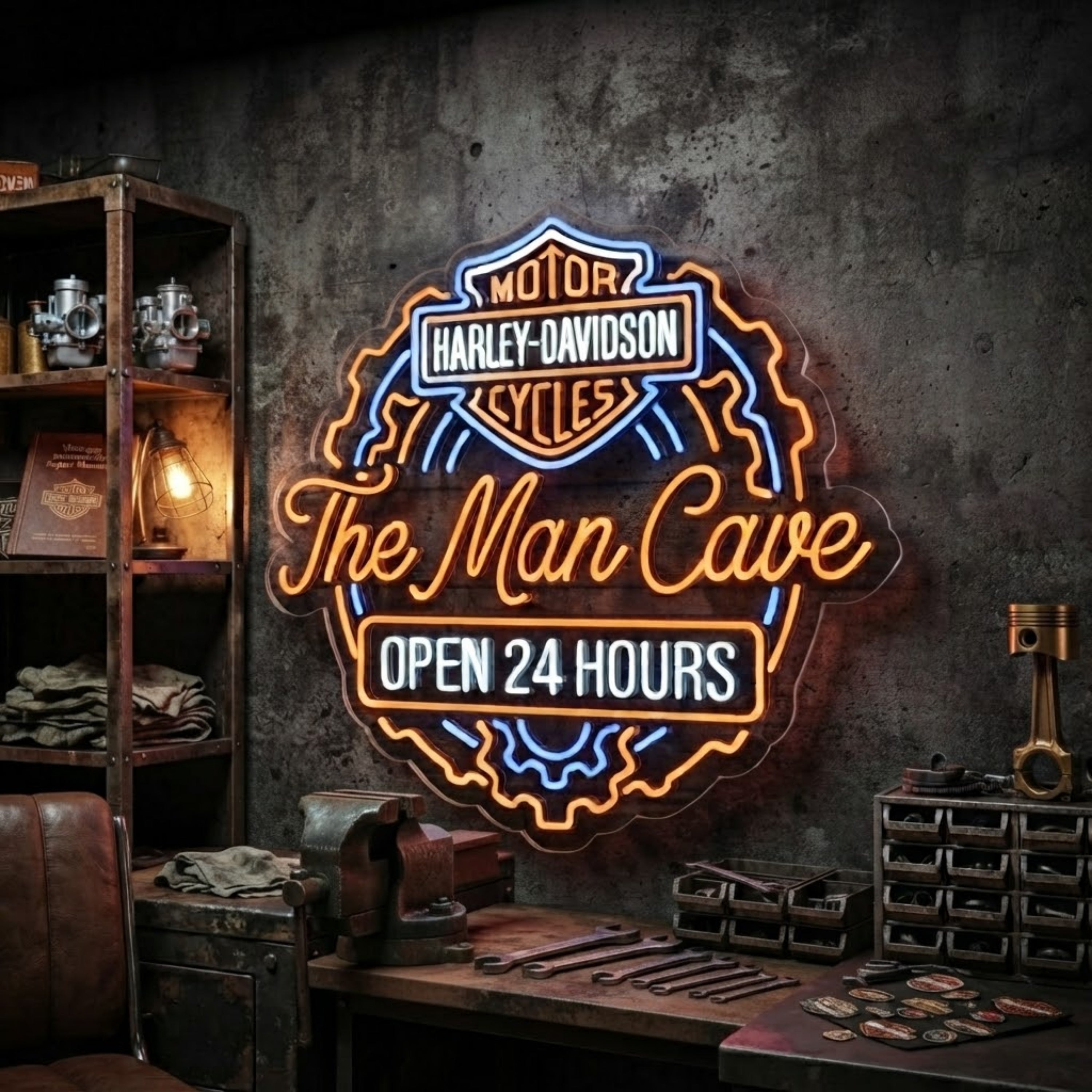 The Man Cave Neon Sign Motorcycle Bar Wall Decor, Garage Neon Light, 24 Hours Ma