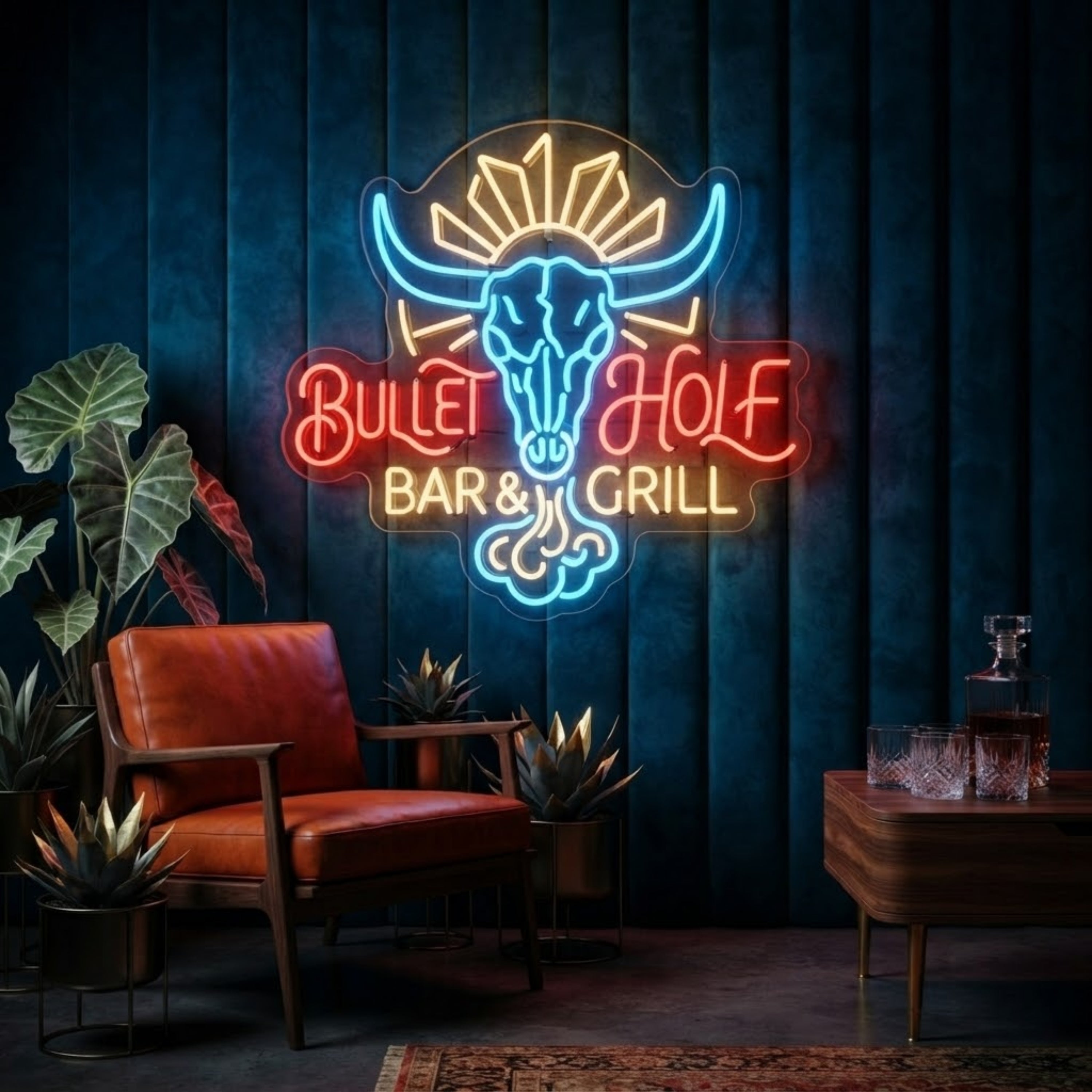 Bullet Wolf Bar & Grill Neon Sign Western Bull Skull LED Wall Light for Bar, Man