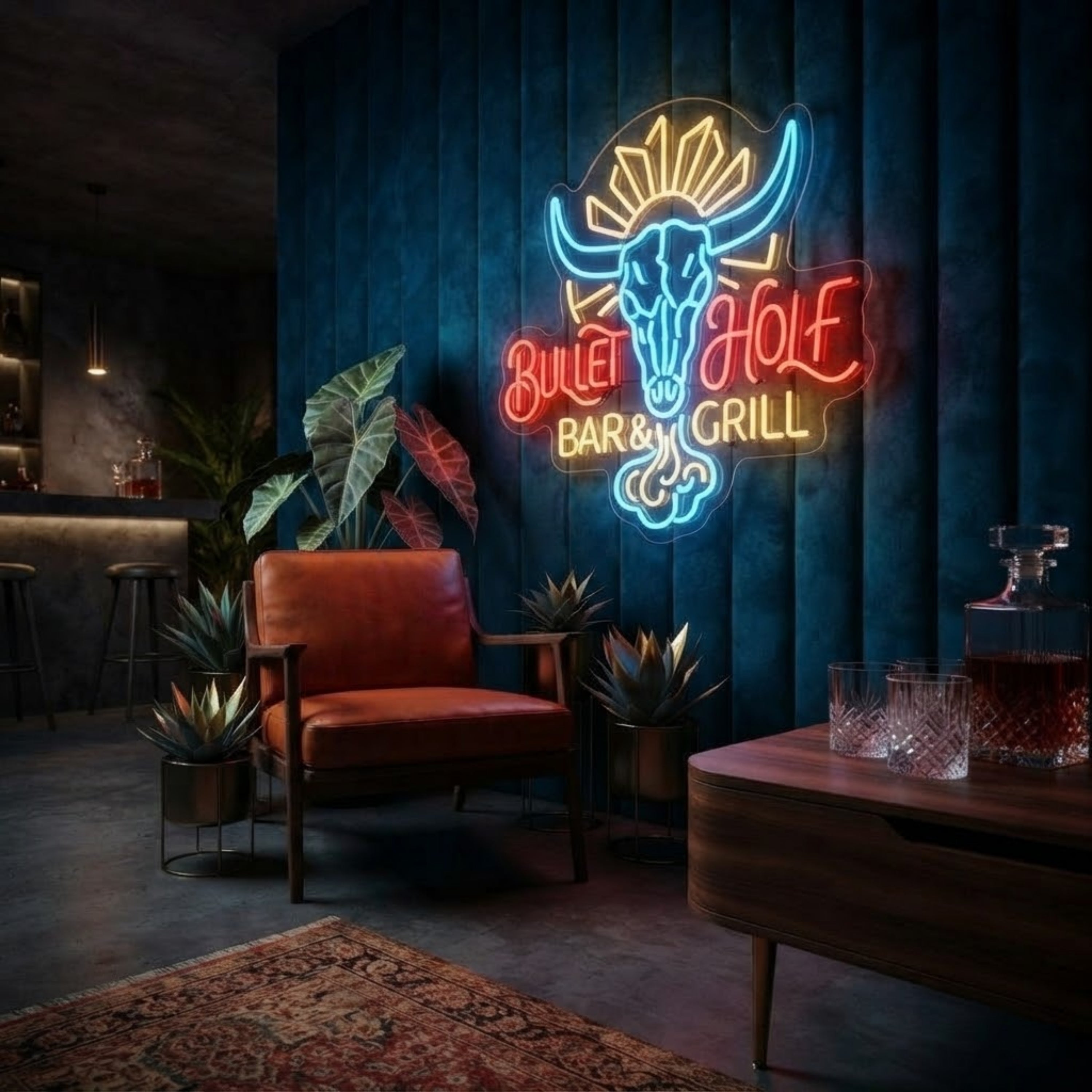 Bullet Wolf Bar & Grill Neon Sign Western Bull Skull LED Wall Light for Bar, Man