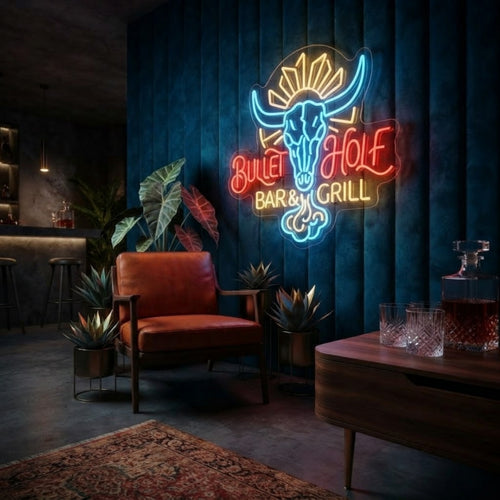 Bullet Wolf Bar & Grill Neon Sign Western Bull Skull LED Wall Light for Bar, Man