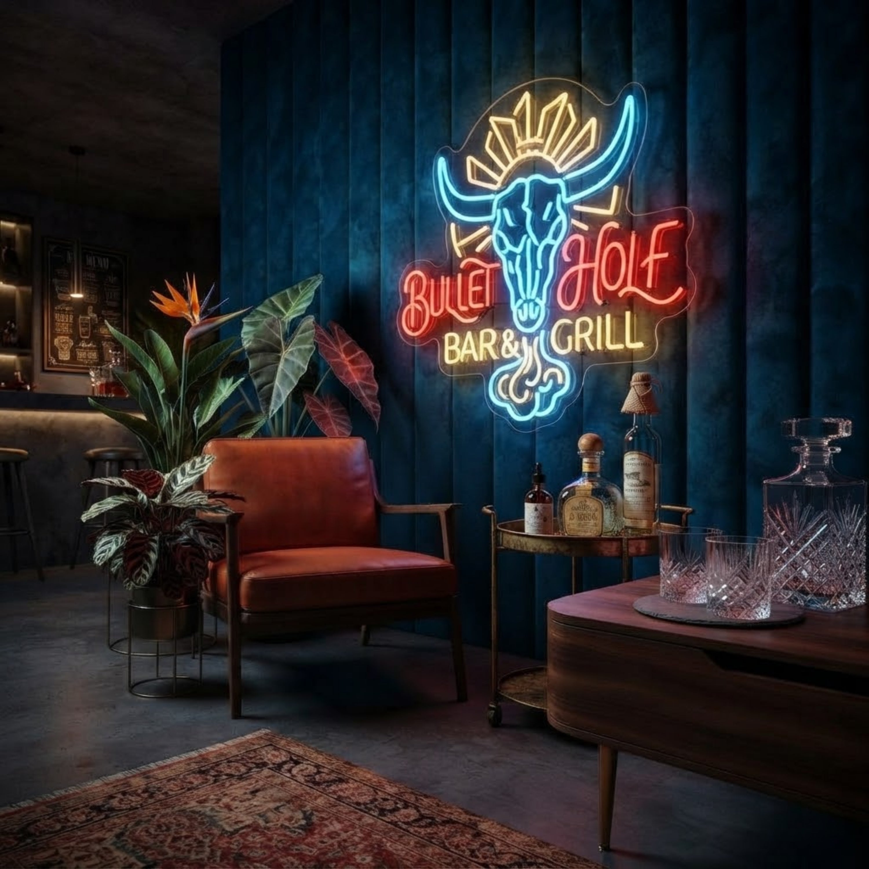 Bullet Wolf Bar & Grill Neon Sign Western Bull Skull LED Wall Light for Bar, Man