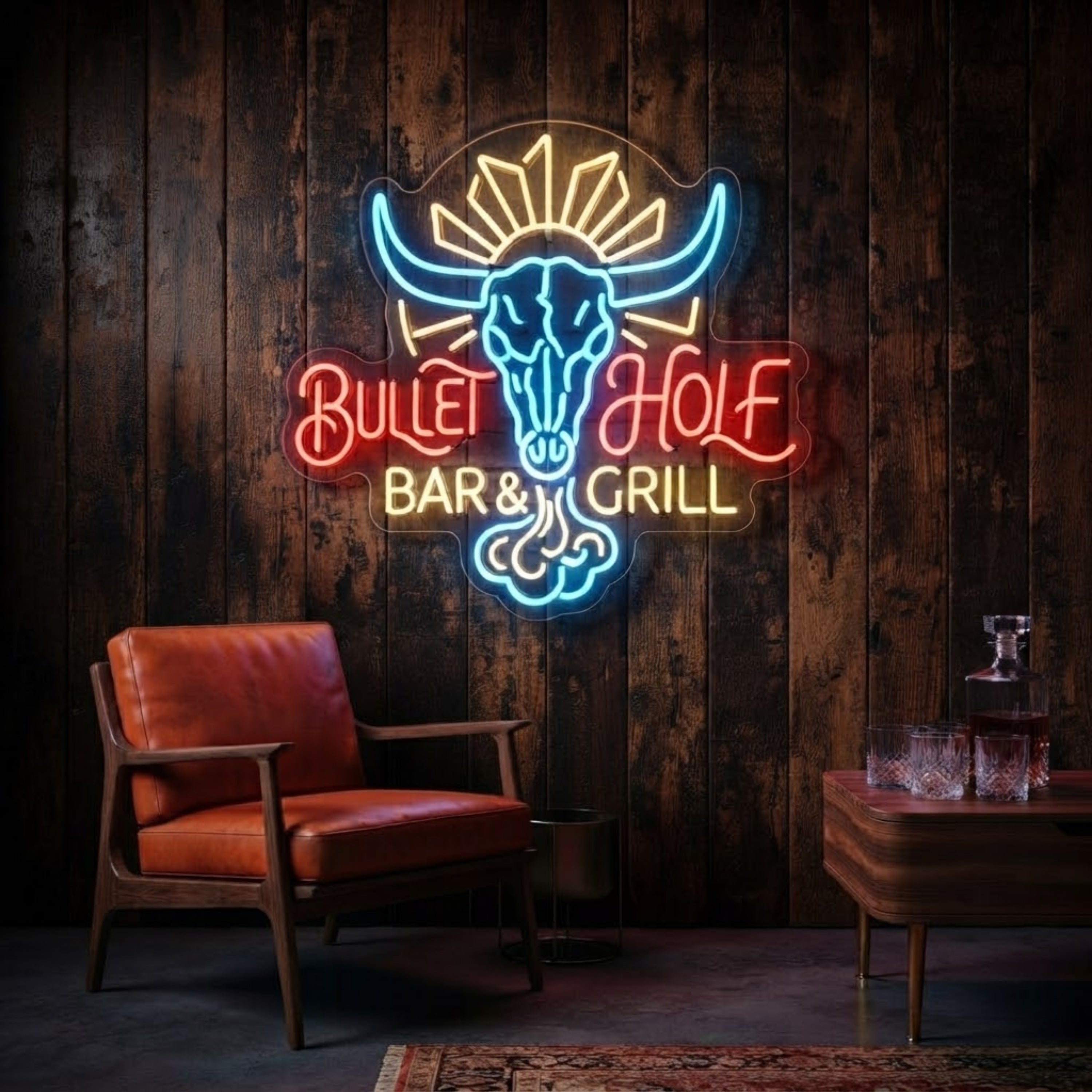 Bullet Wolf Bar & Grill Neon Sign Western Bull Skull LED Wall Light for Bar, Man