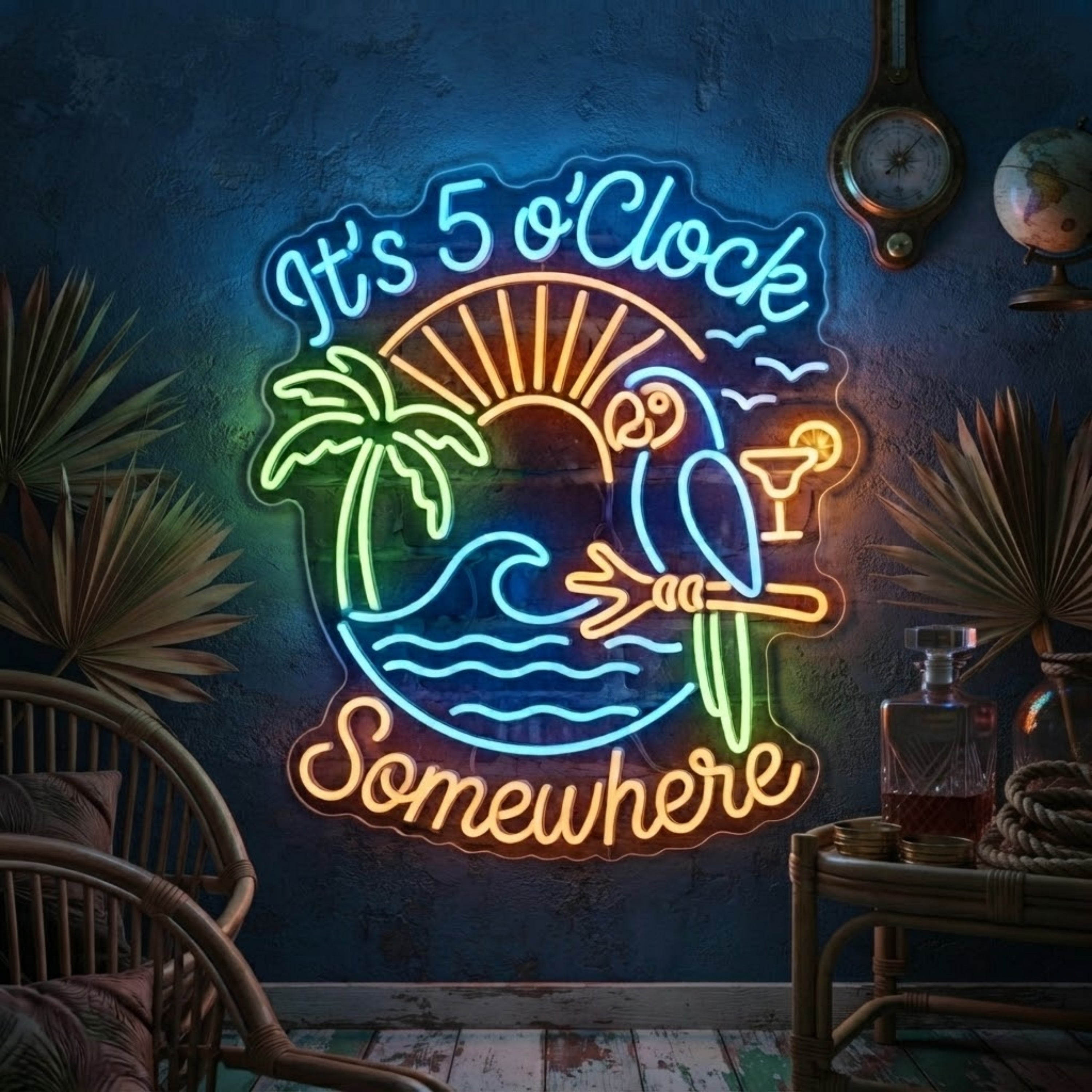 It's 5 O'Clock Somewhere Neon Sign Tropical Flamingo Beach Bar Light Palm Tree C