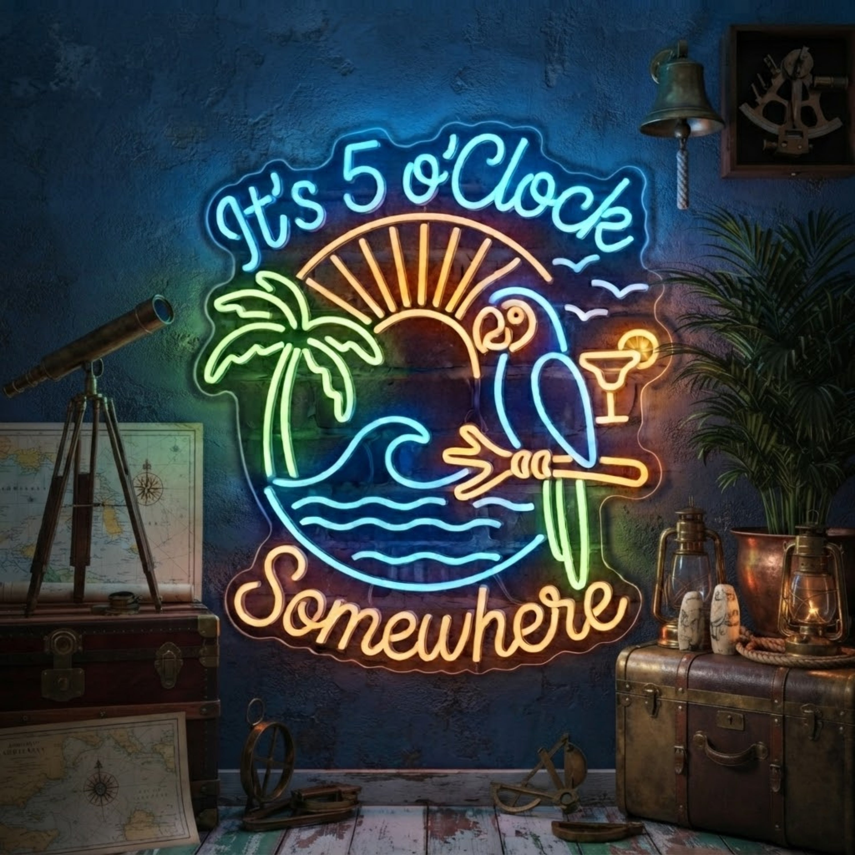 It's 5 O'Clock Somewhere Neon Sign Tropical Flamingo Beach Bar Light Palm Tree C
