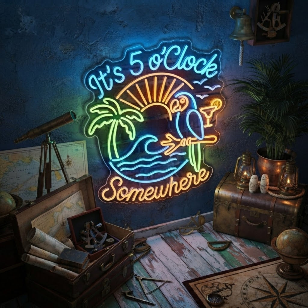 It's 5 O'Clock Somewhere Neon Sign Tropical Flamingo Beach Bar Light Palm Tree C