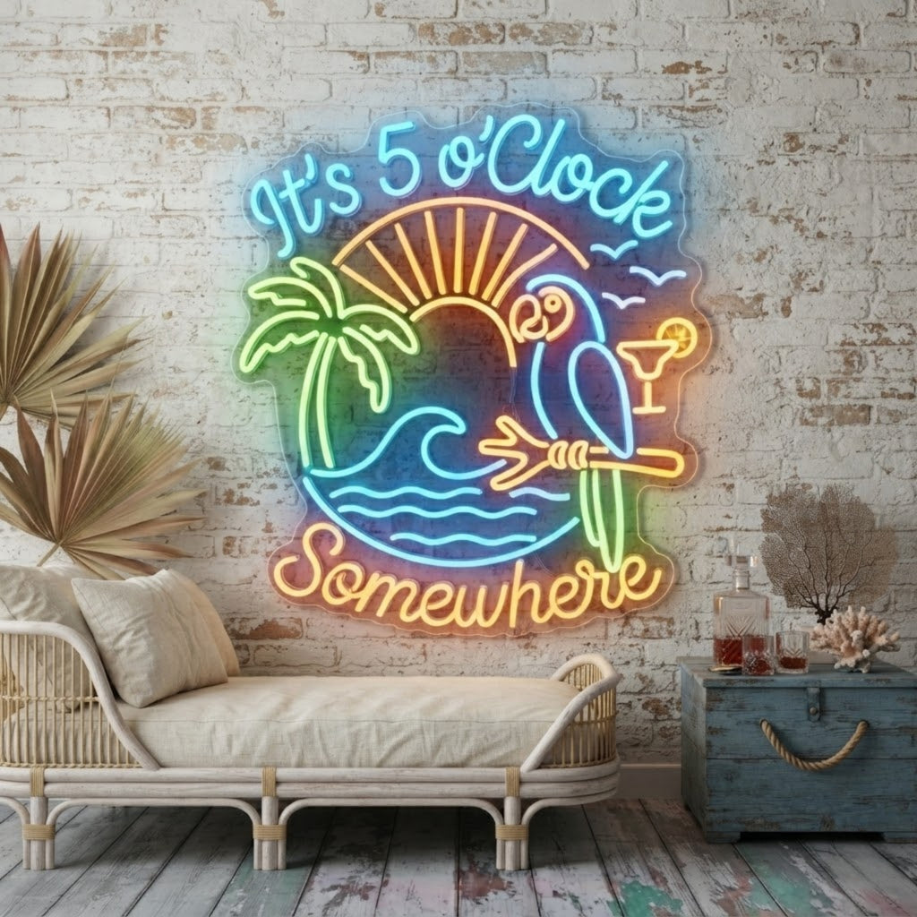 It's 5 O'Clock Somewhere Neon Sign Tropical Flamingo Beach Bar Light Palm Tree C