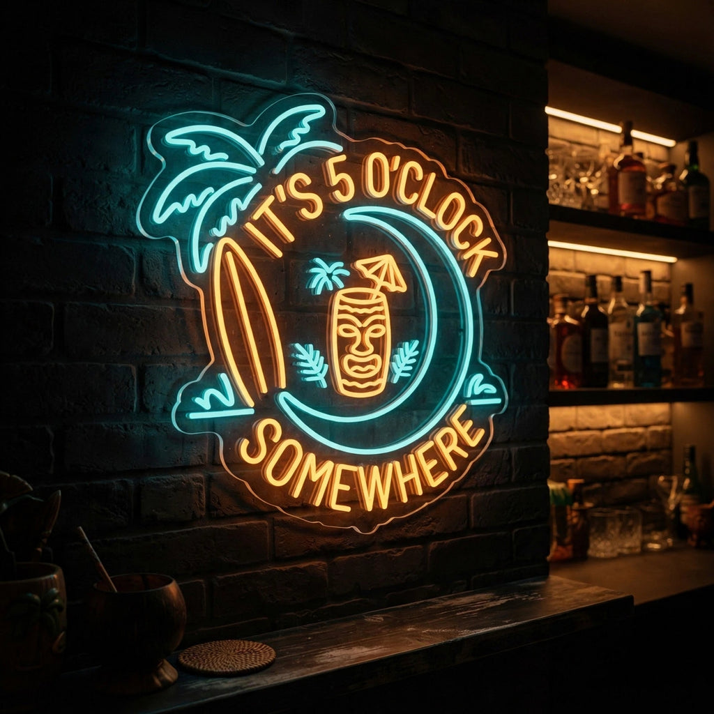 It's 5 O'Clock Somewhere Neon Sign Tropical Tiki Bar Light Palm Surf Cocktail Wa