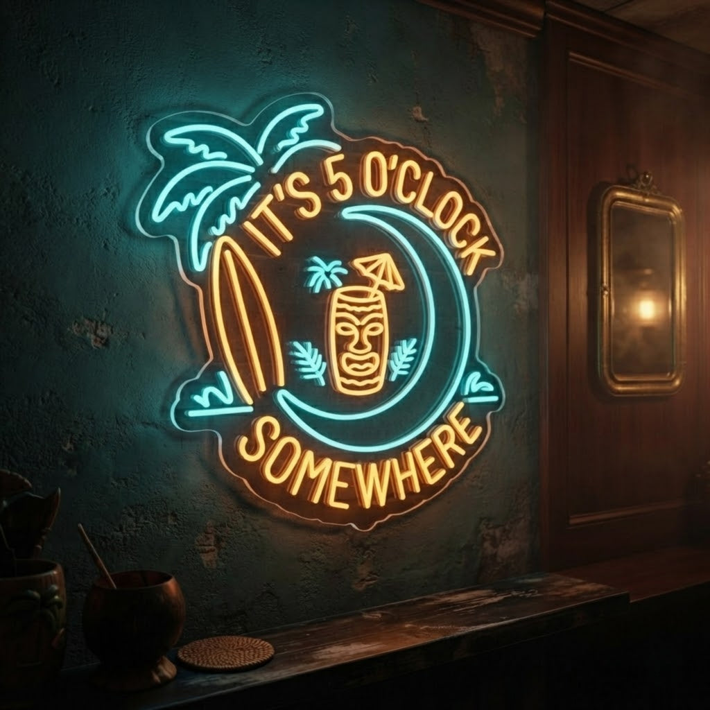 It's 5 O'Clock Somewhere Neon Sign Tropical Tiki Bar Light Palm Surf Cocktail Wa