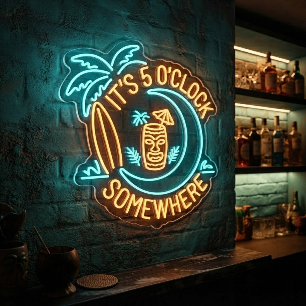 It's 5 O'Clock Somewhere Neon Sign Tropical Tiki Bar Light Palm Surf Cocktail Wa