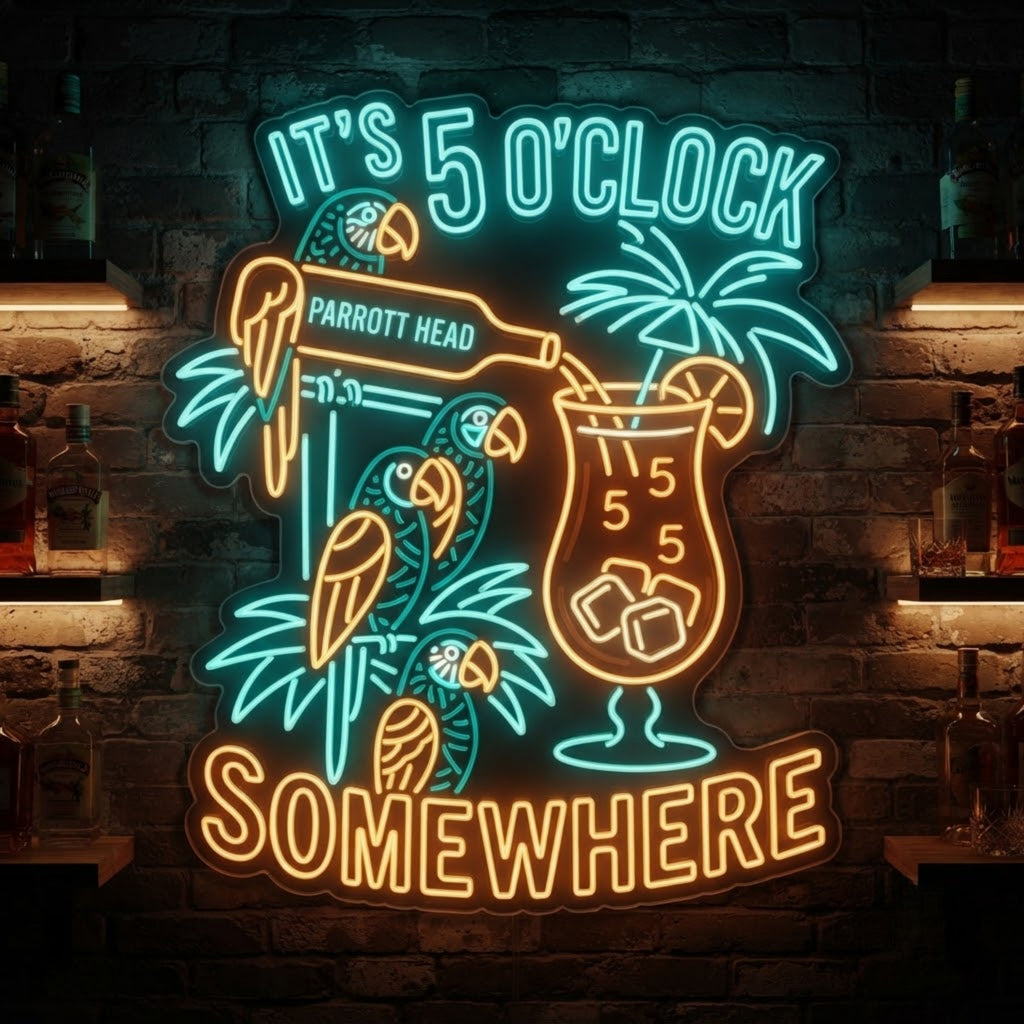 5 O'Clock Somewhere Neon Sign Tropical Parrot Bar Light Tiki Cocktail Wall Decor