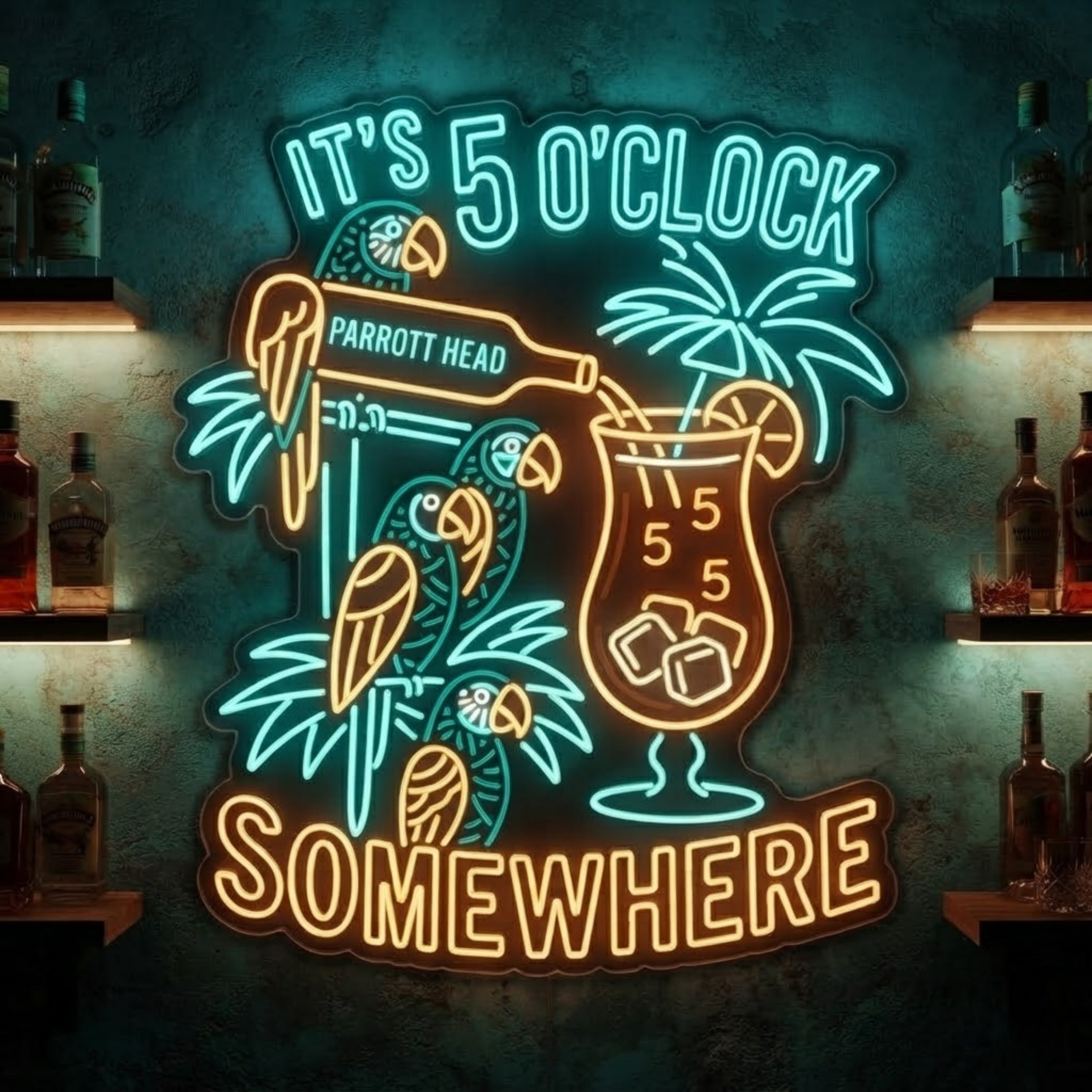 5 O'Clock Somewhere Neon Sign Tropical Parrot Bar Light Tiki Cocktail Wall Decor