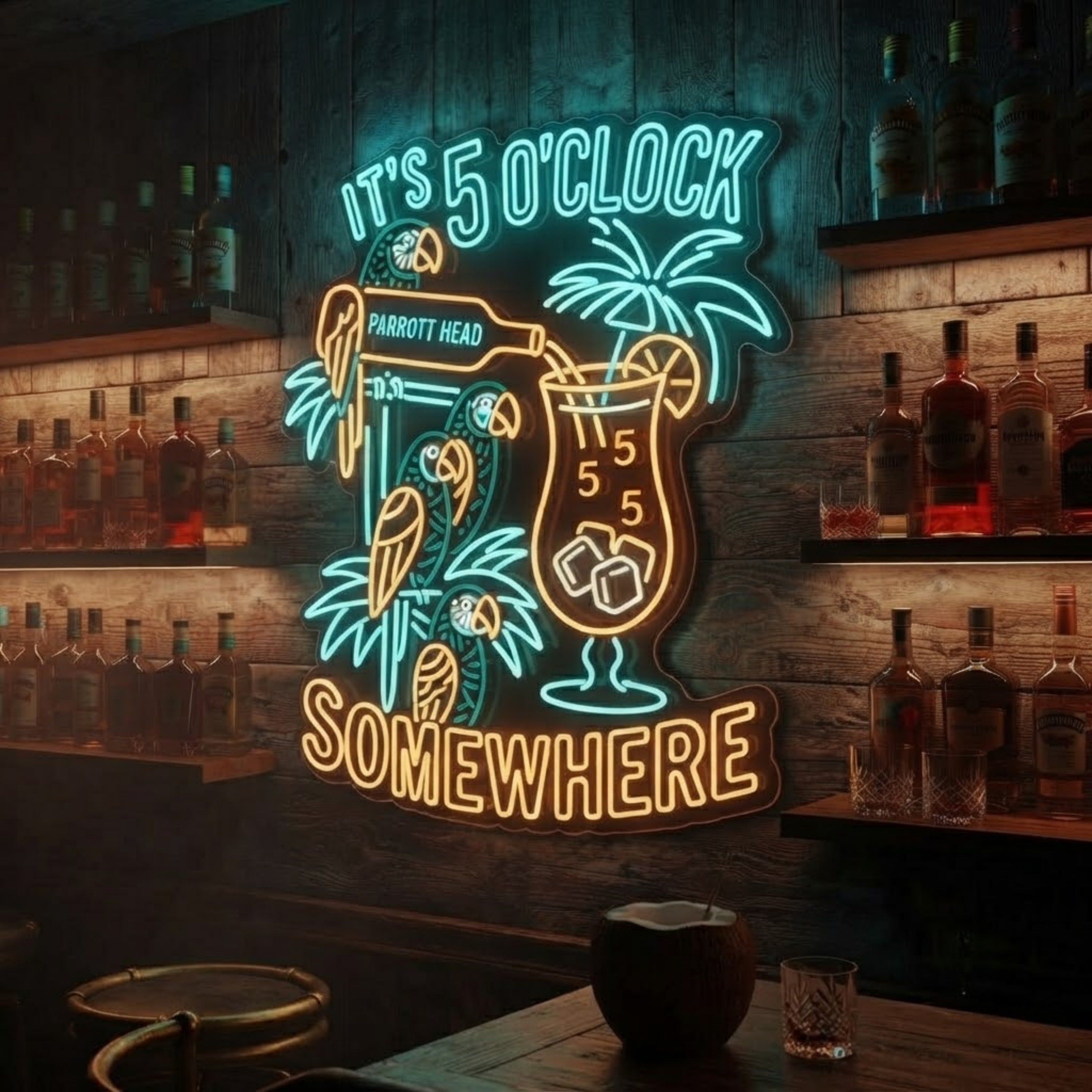 5 O'Clock Somewhere Neon Sign Tropical Parrot Bar Light Tiki Cocktail Wall Decor