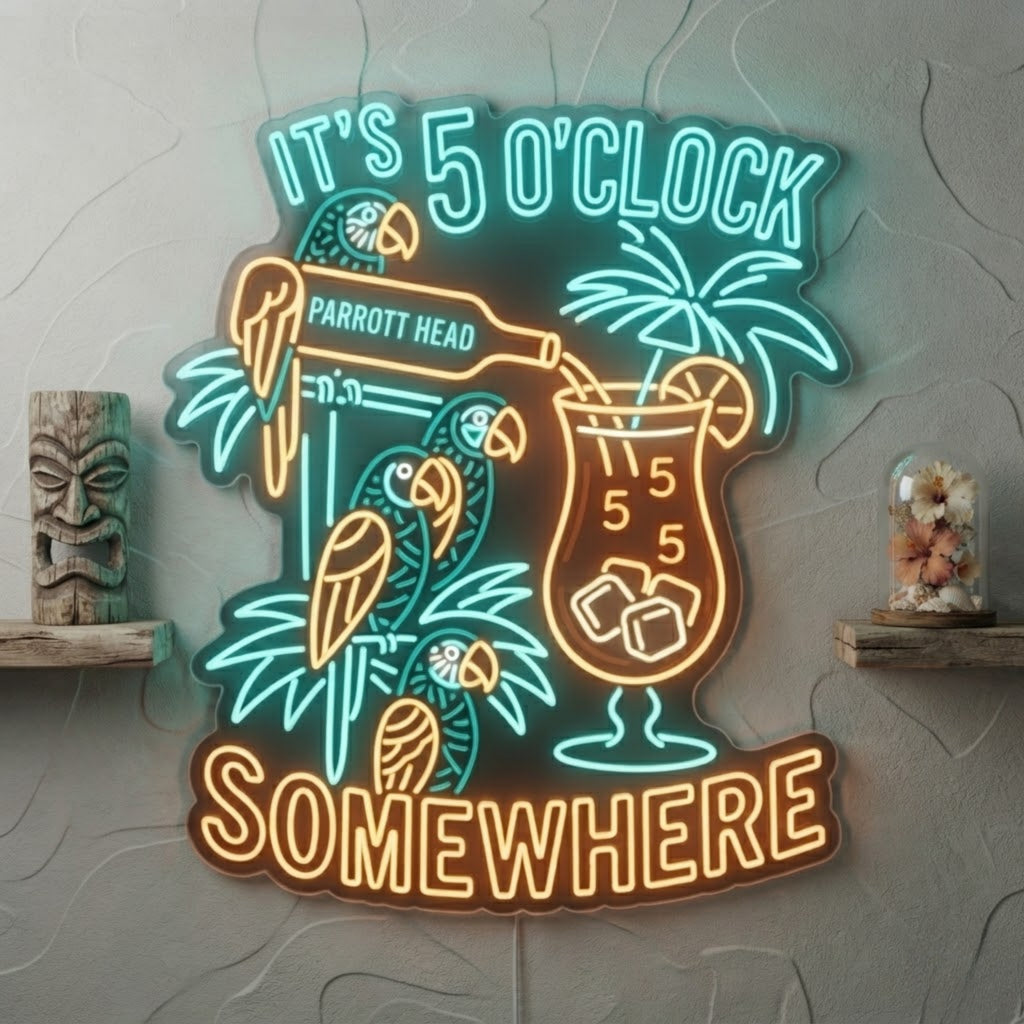 5 O'Clock Somewhere Neon Sign Tropical Parrot Bar Light Tiki Cocktail Wall Decor
