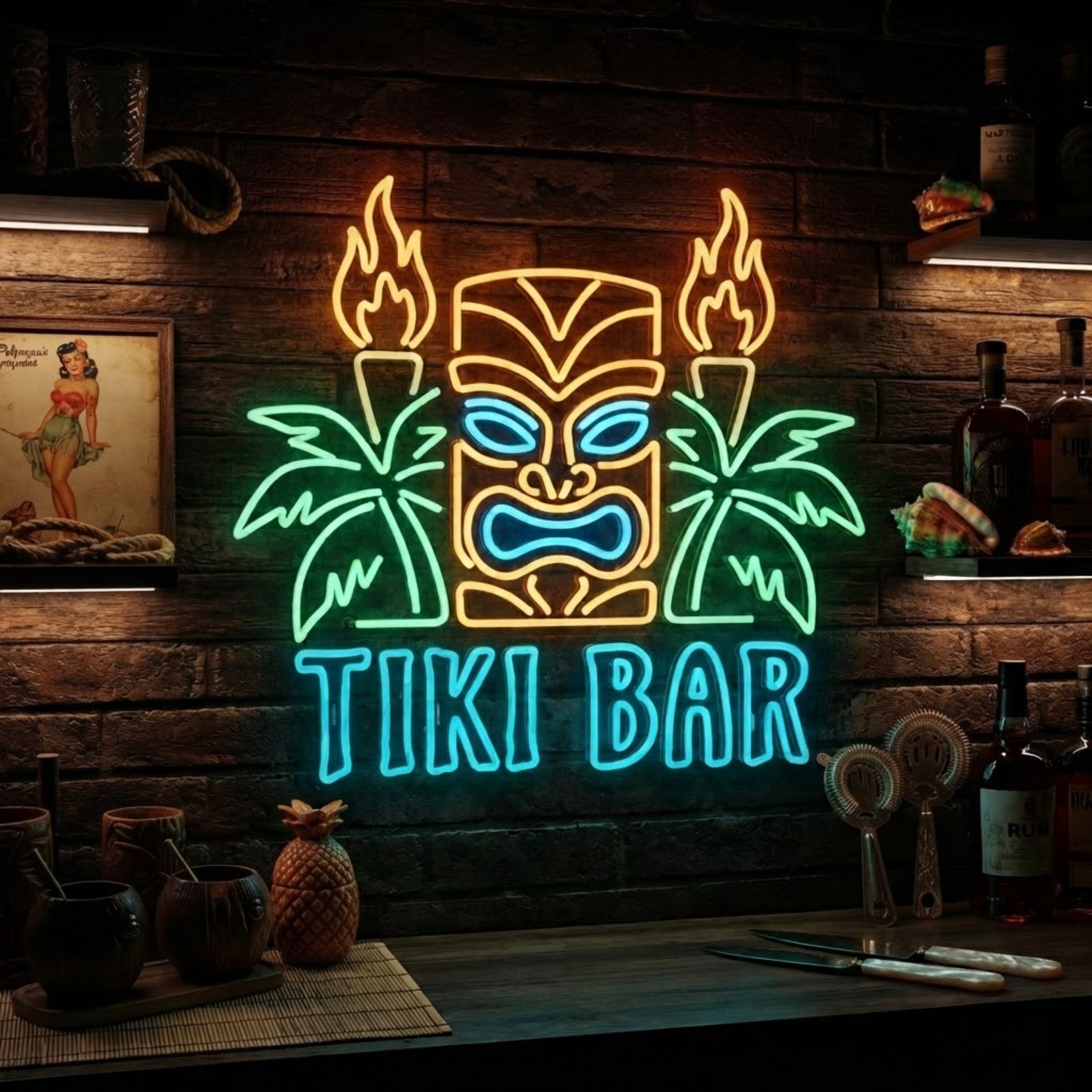Tiki Bar Neon Sign Tropical Tiki Bar Wall Decor with Palm Trees & Tribal Mask, I