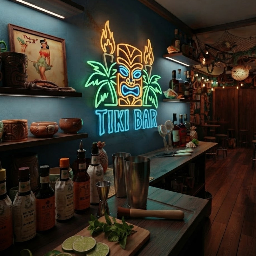 Tiki Bar Neon Sign Tropical Tiki Bar Wall Decor with Palm Trees & Tribal Mask, I
