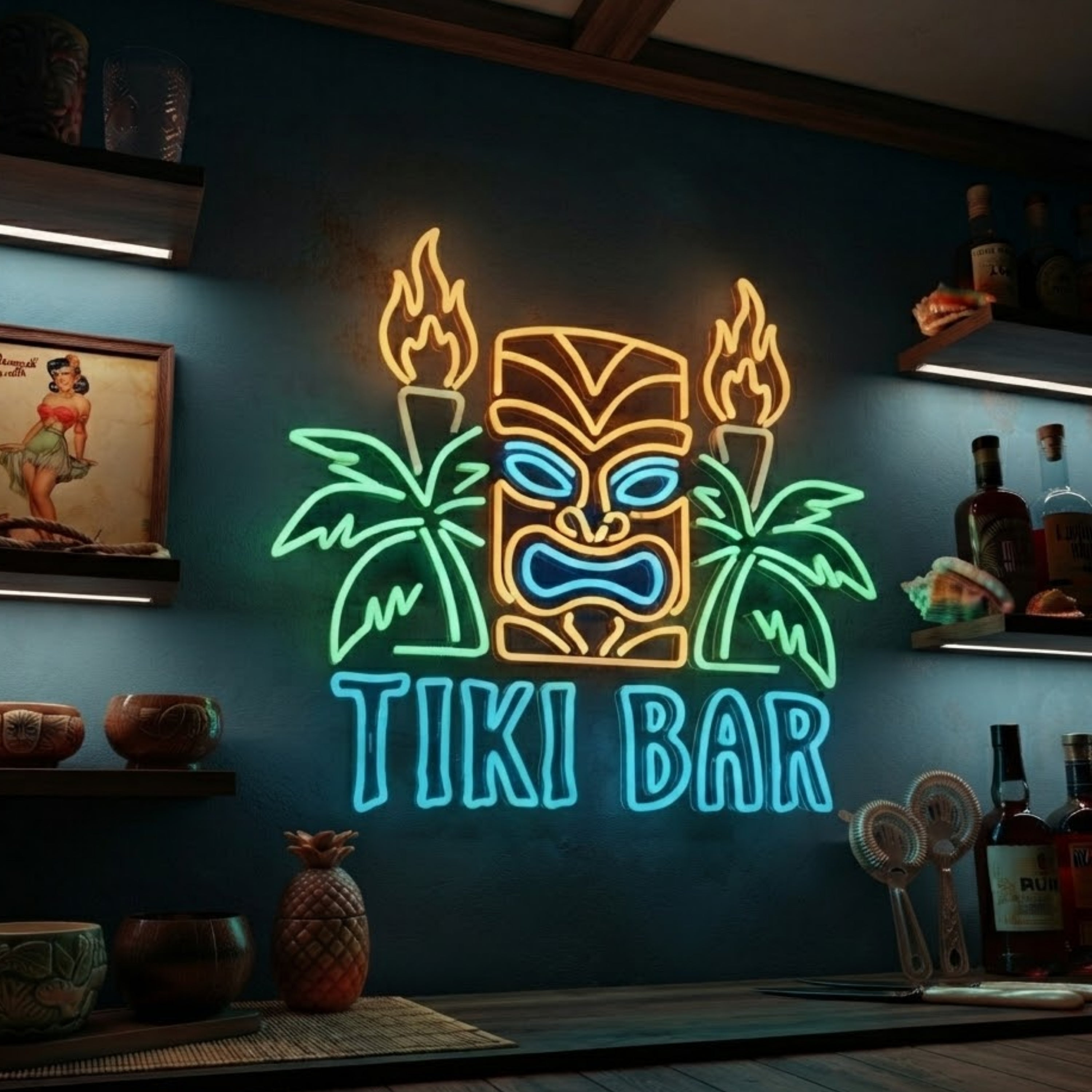 Tiki Bar Neon Sign Tropical Tiki Bar Wall Decor with Palm Trees & Tribal Mask, I