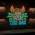 Tiki Bar Neon Sign Tropical Tiki Bar Wall Decor with Palm Trees & Tribal Mask, I