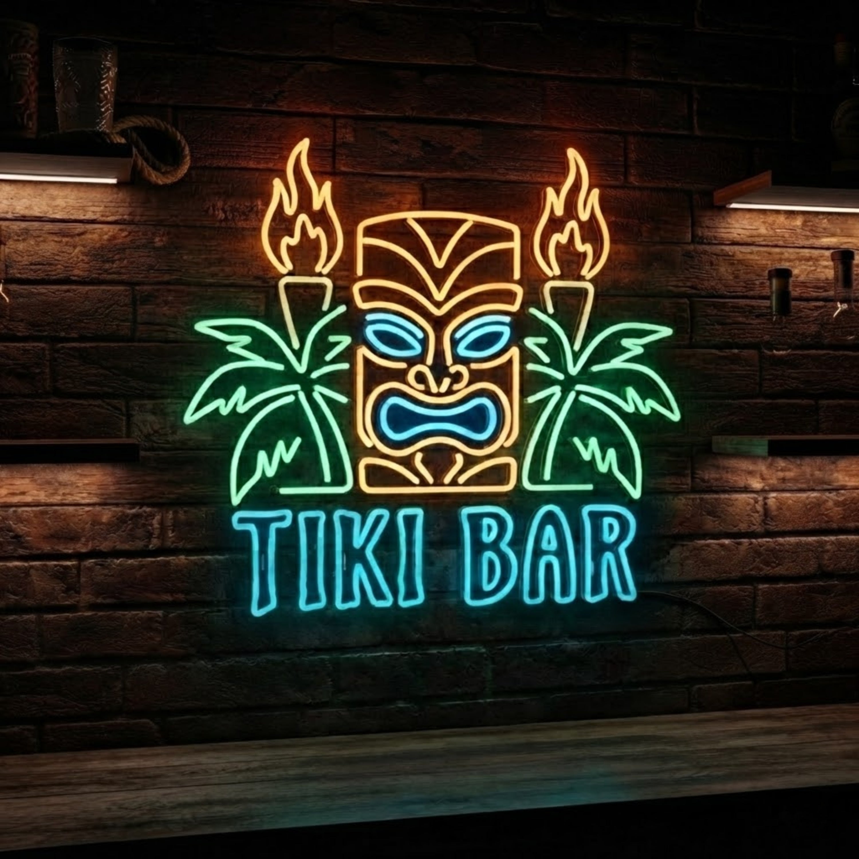 Tiki Bar Neon Sign Tropical Tiki Bar Wall Decor with Palm Trees & Tribal Mask, I