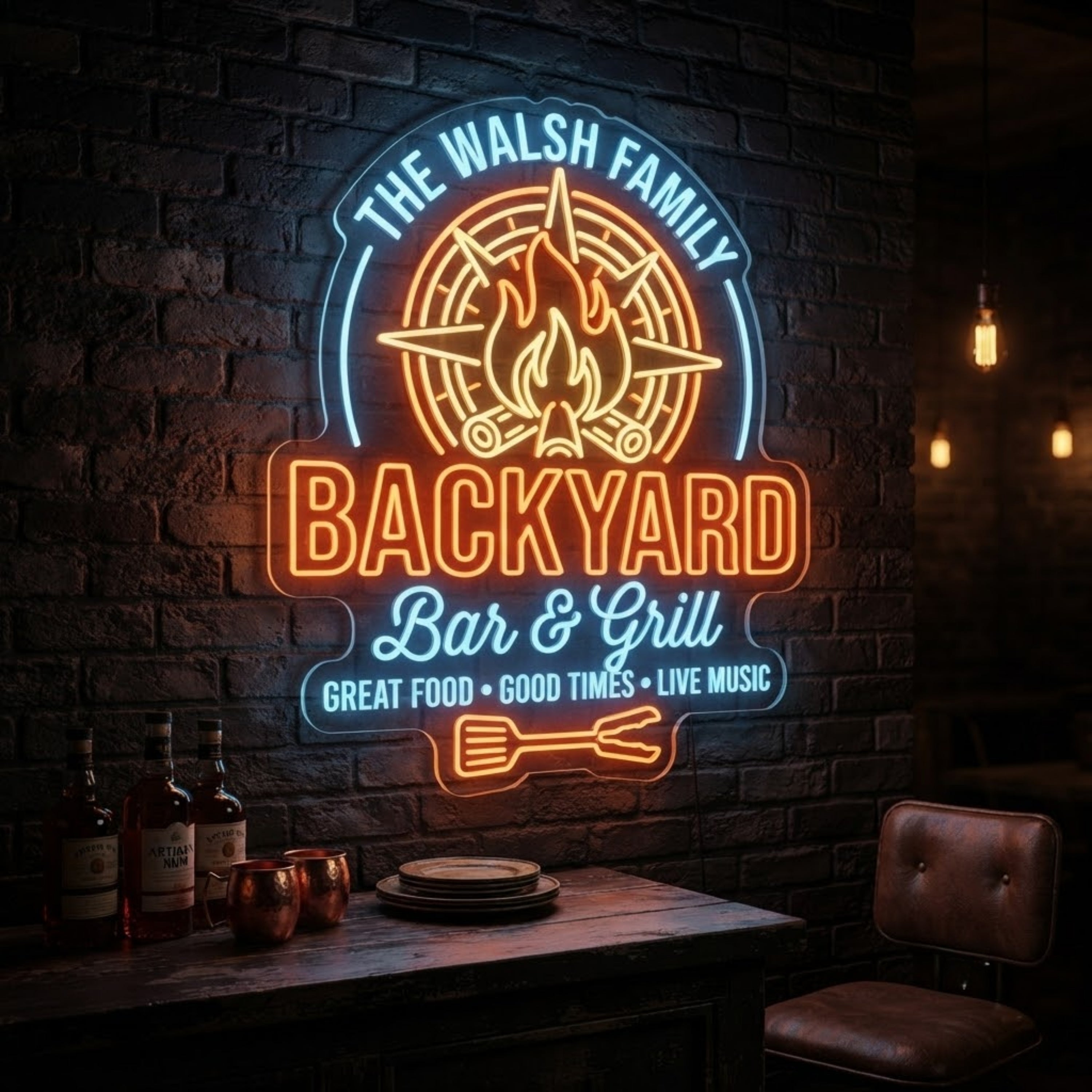 Backyard Bar & Grill Neon Sign Custom Family LED Light, Outdoor Bar Wall Decor