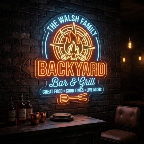 Backyard Bar & Grill Neon Sign Custom Family LED Light, Outdoor Bar Wall Decor