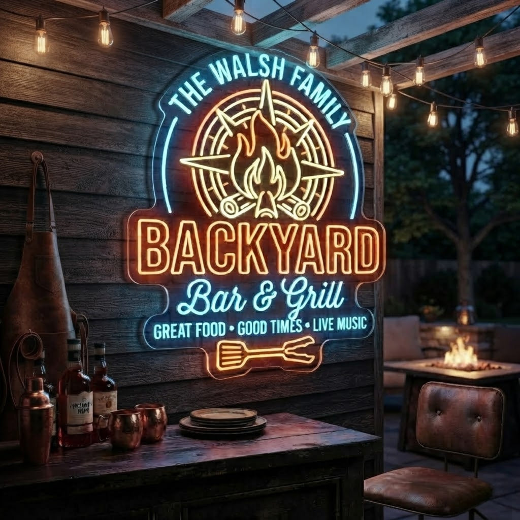 Backyard Bar & Grill Neon Sign Custom Family LED Light, Outdoor Bar Wall Decor