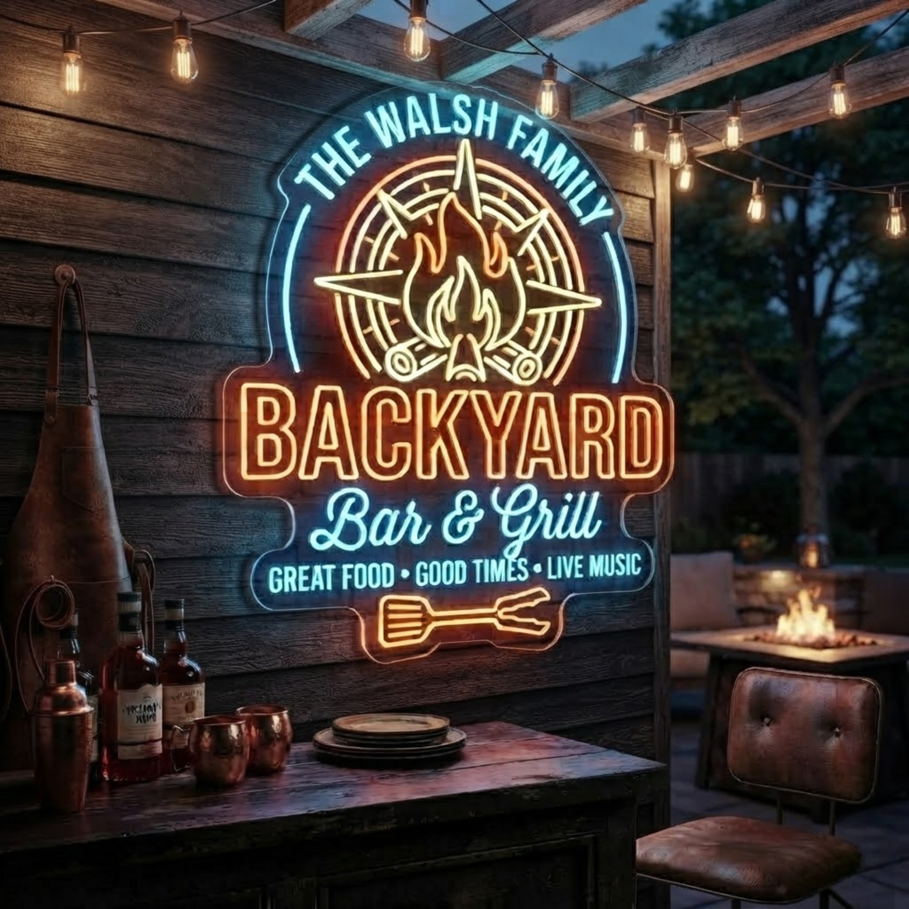 Backyard Bar & Grill Neon Sign Custom Family LED Light, Outdoor Bar Wall Decor