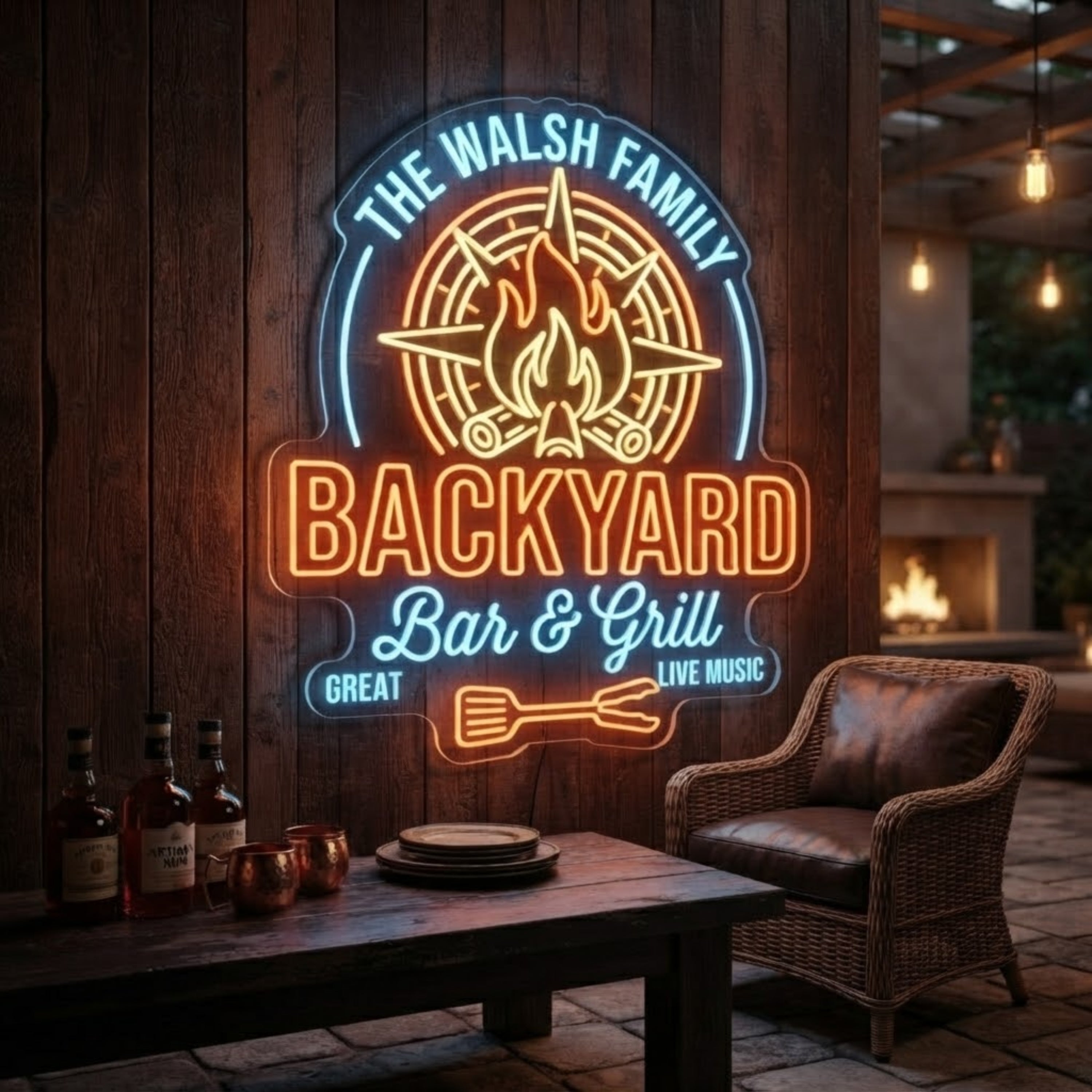 Backyard Bar & Grill Neon Sign Custom Family LED Light, Outdoor Bar Wall Decor
