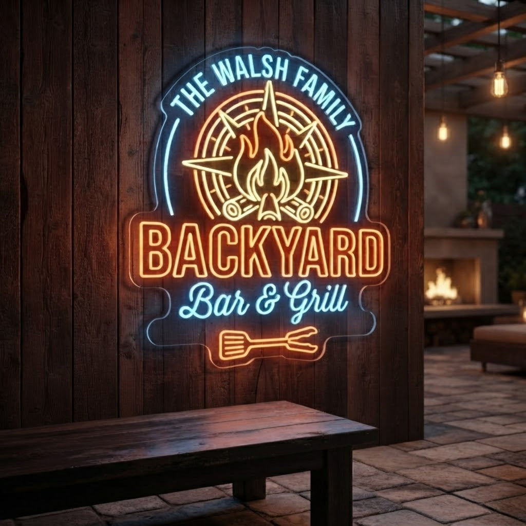 Backyard Bar & Grill Neon Sign Custom Family LED Light, Outdoor Bar Wall Decor