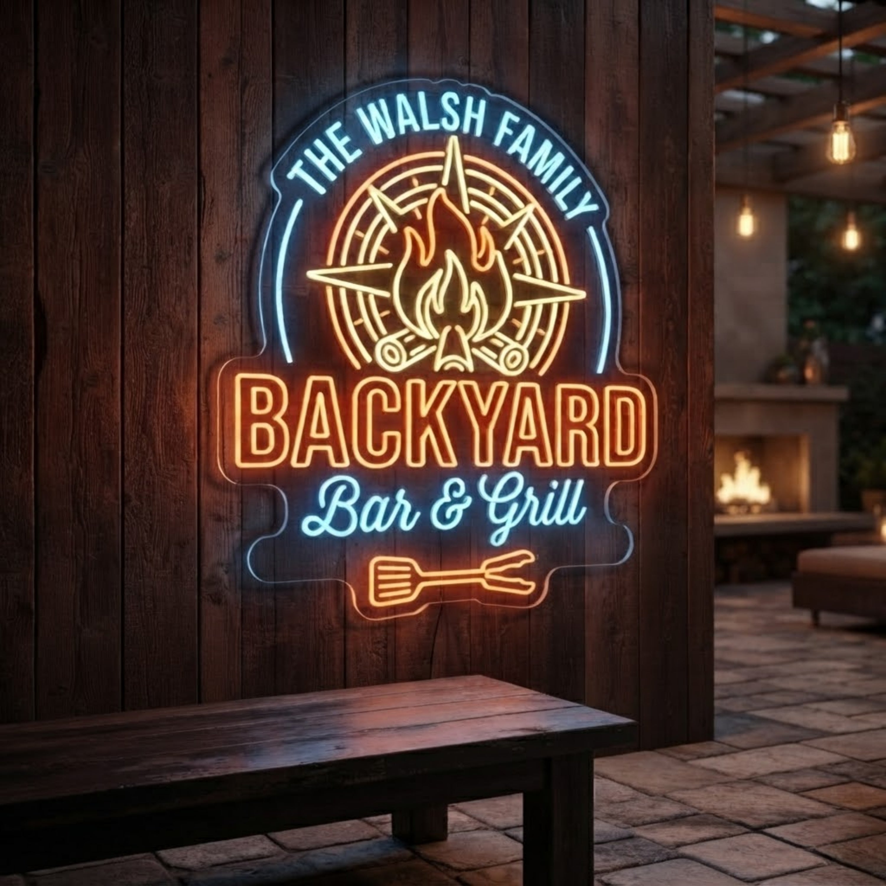 Backyard Bar & Grill Neon Sign Custom Family LED Light, Outdoor Bar Wall Decor