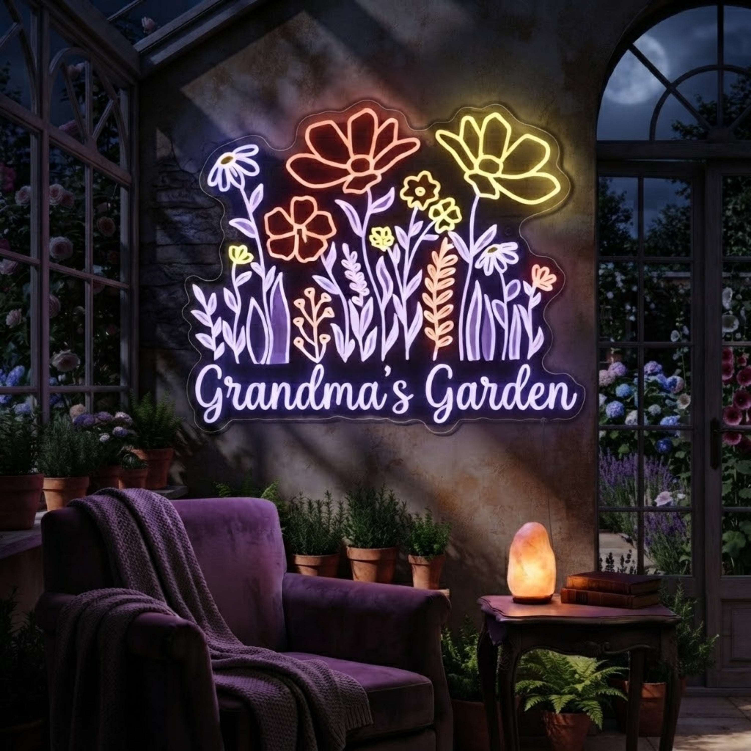 Grandma s Garden Neon Sign Floral LED Wall Light, Garden Lover Gift, Cottagecore