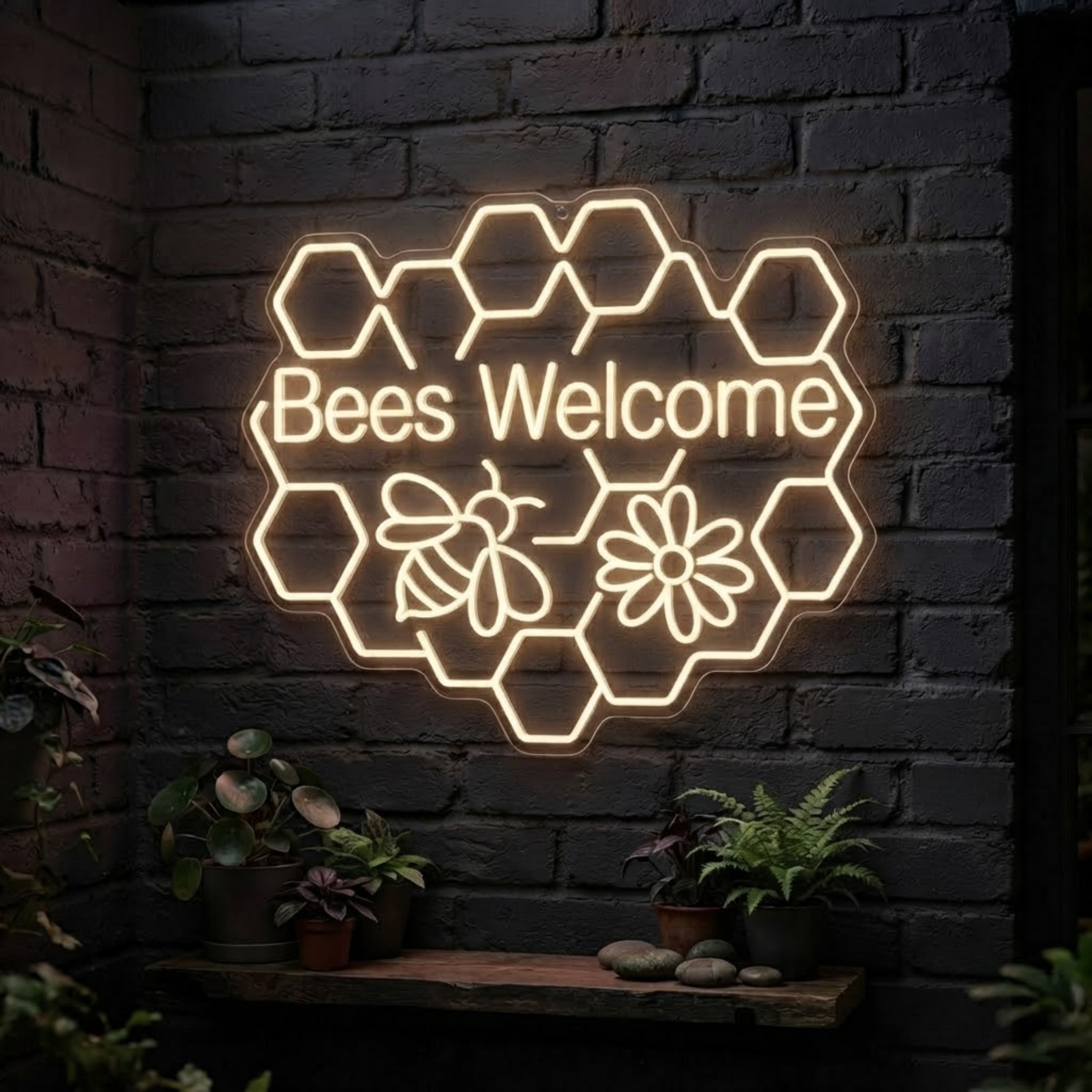 Bees Welcome Neon Sign Honeycomb LED Light, Bee & Flower Wall Decor, Cottage Gar