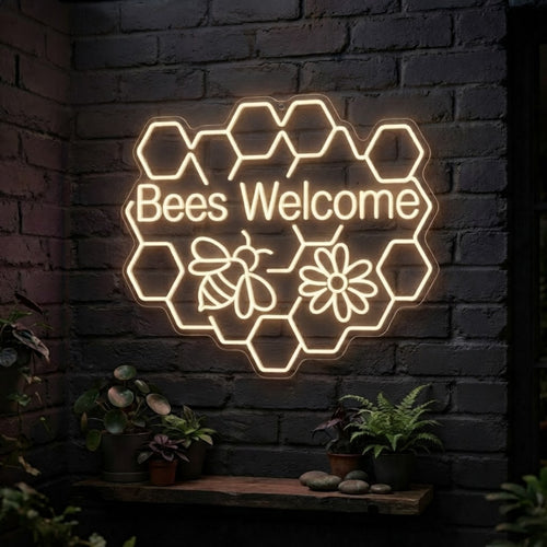 Bees Welcome Neon Sign Honeycomb LED Light, Bee & Flower Wall Decor, Cottage Gar