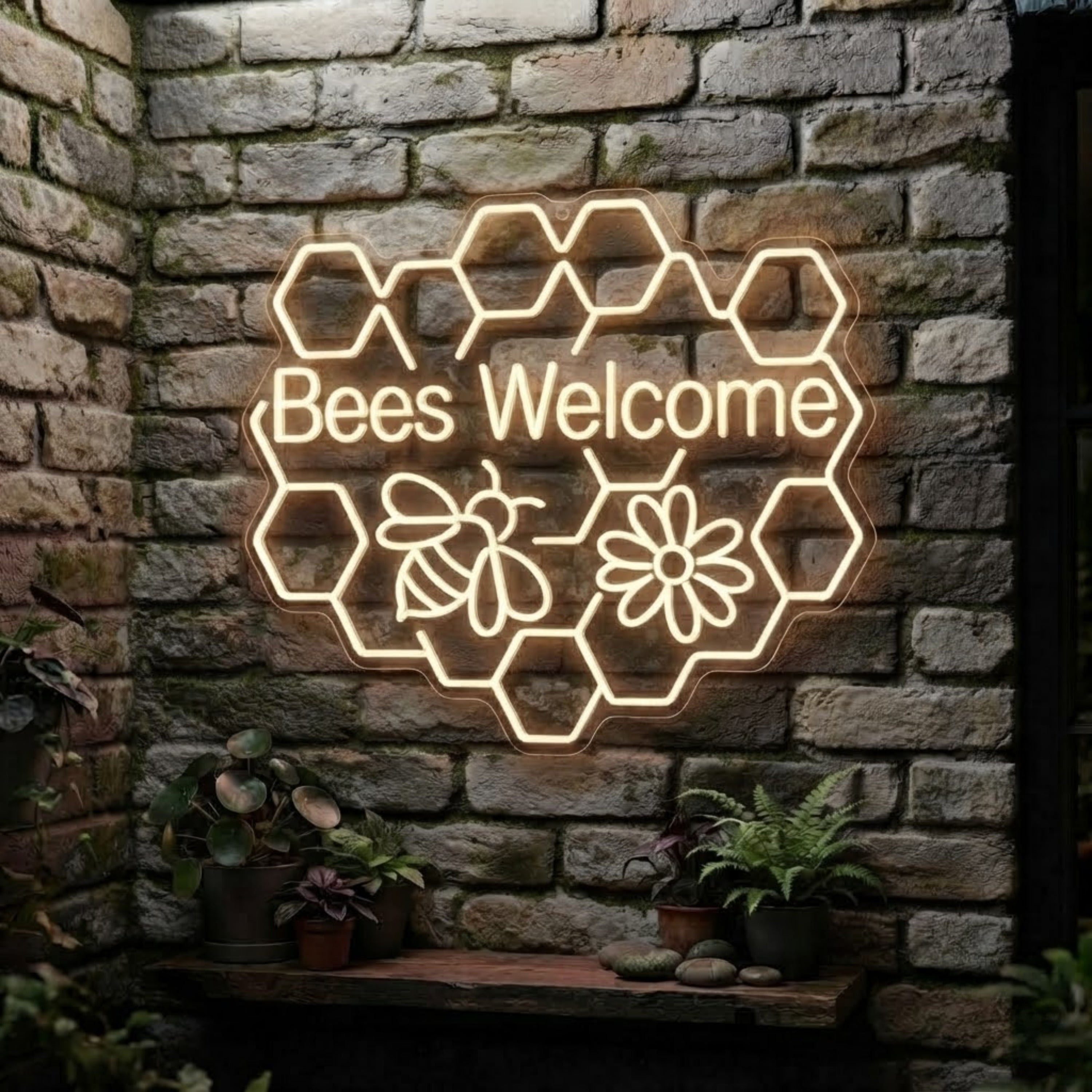 Bees Welcome Neon Sign Honeycomb LED Light, Bee & Flower Wall Decor, Cottage Gar