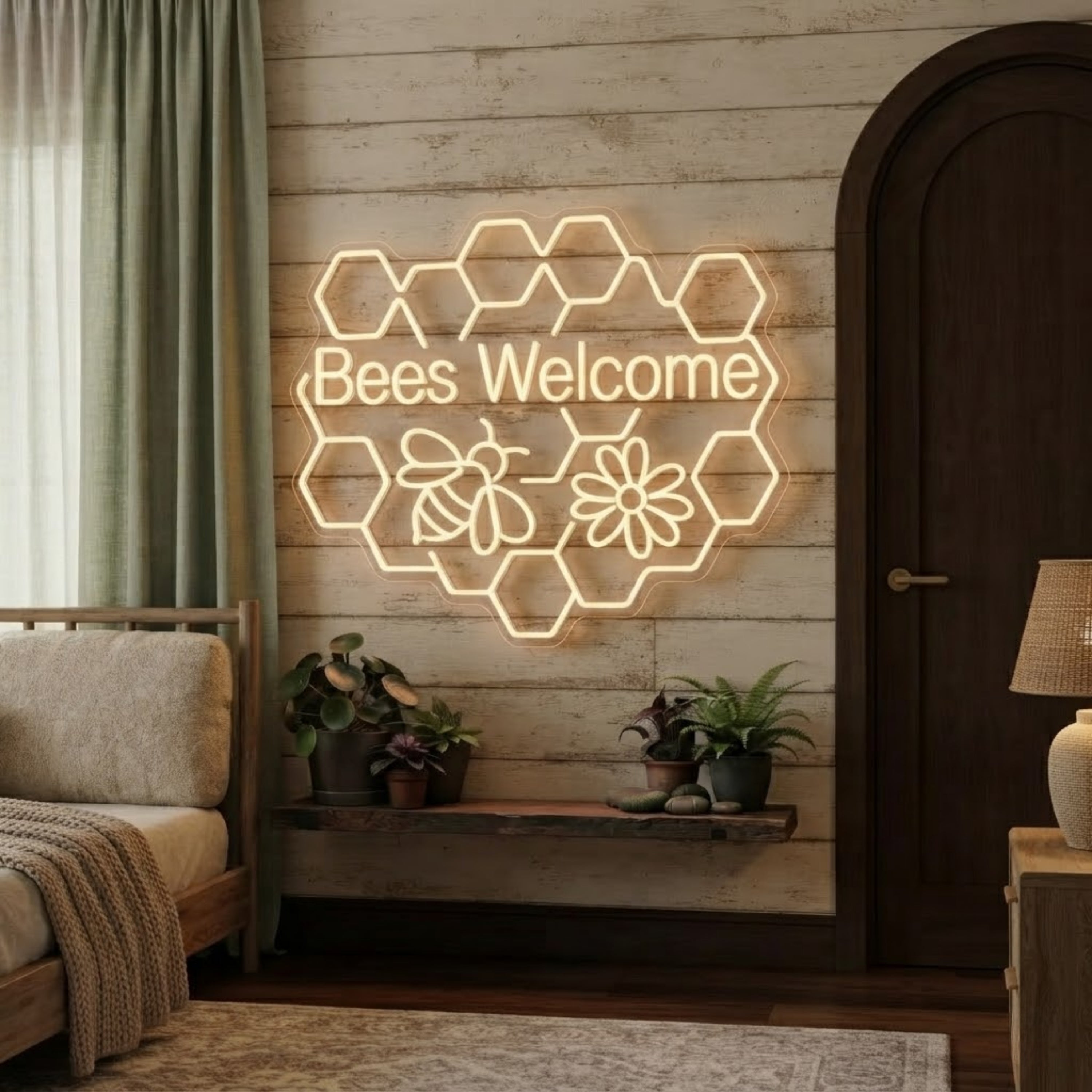 Bees Welcome Neon Sign Honeycomb LED Light, Bee & Flower Wall Decor, Cottage Gar