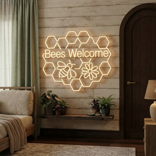 Bees Welcome Neon Sign Honeycomb LED Light, Bee & Flower Wall Decor, Cottage Gar