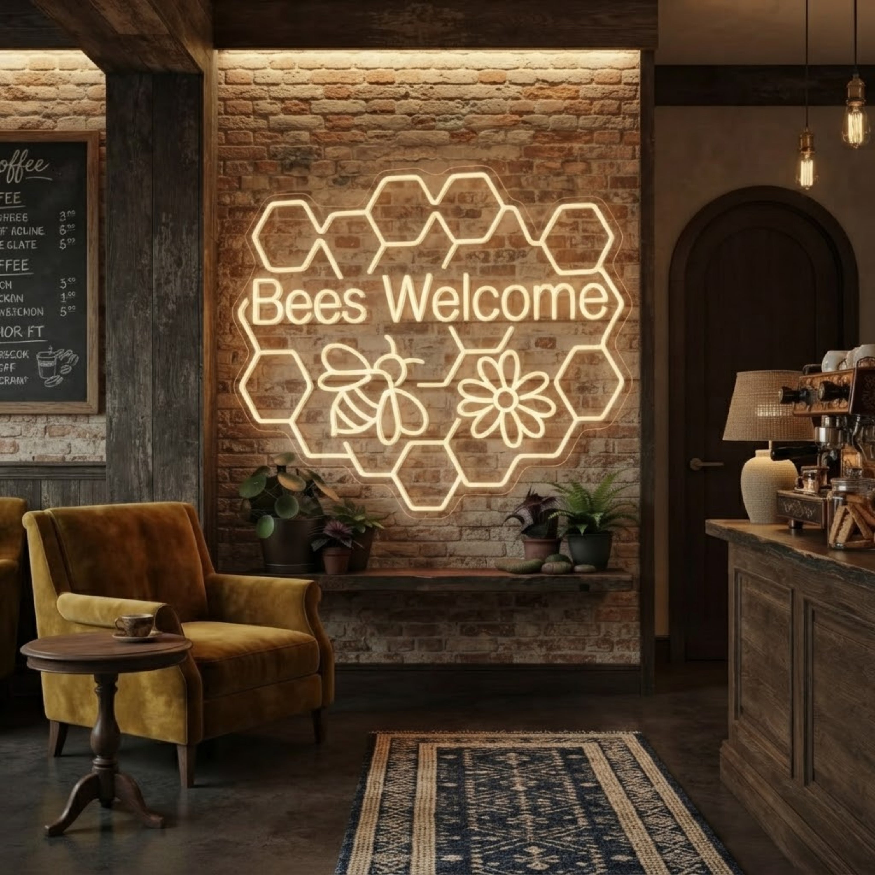 Bees Welcome Neon Sign Honeycomb LED Light, Bee & Flower Wall Decor, Cottage Gar