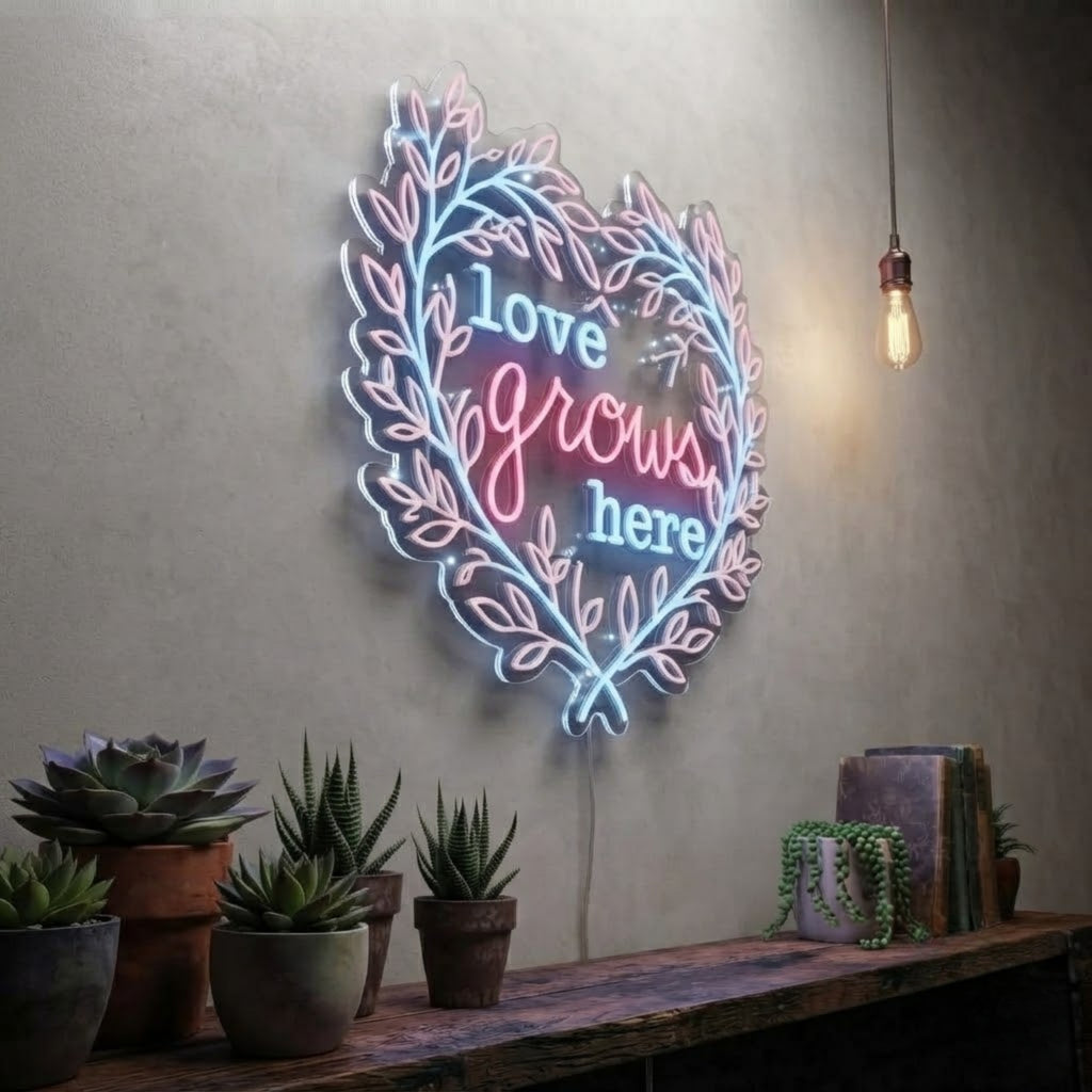 Love Grows Here Neon Sign Heart Shaped Floral LED Light, Romantic Wall Decor, Bo
