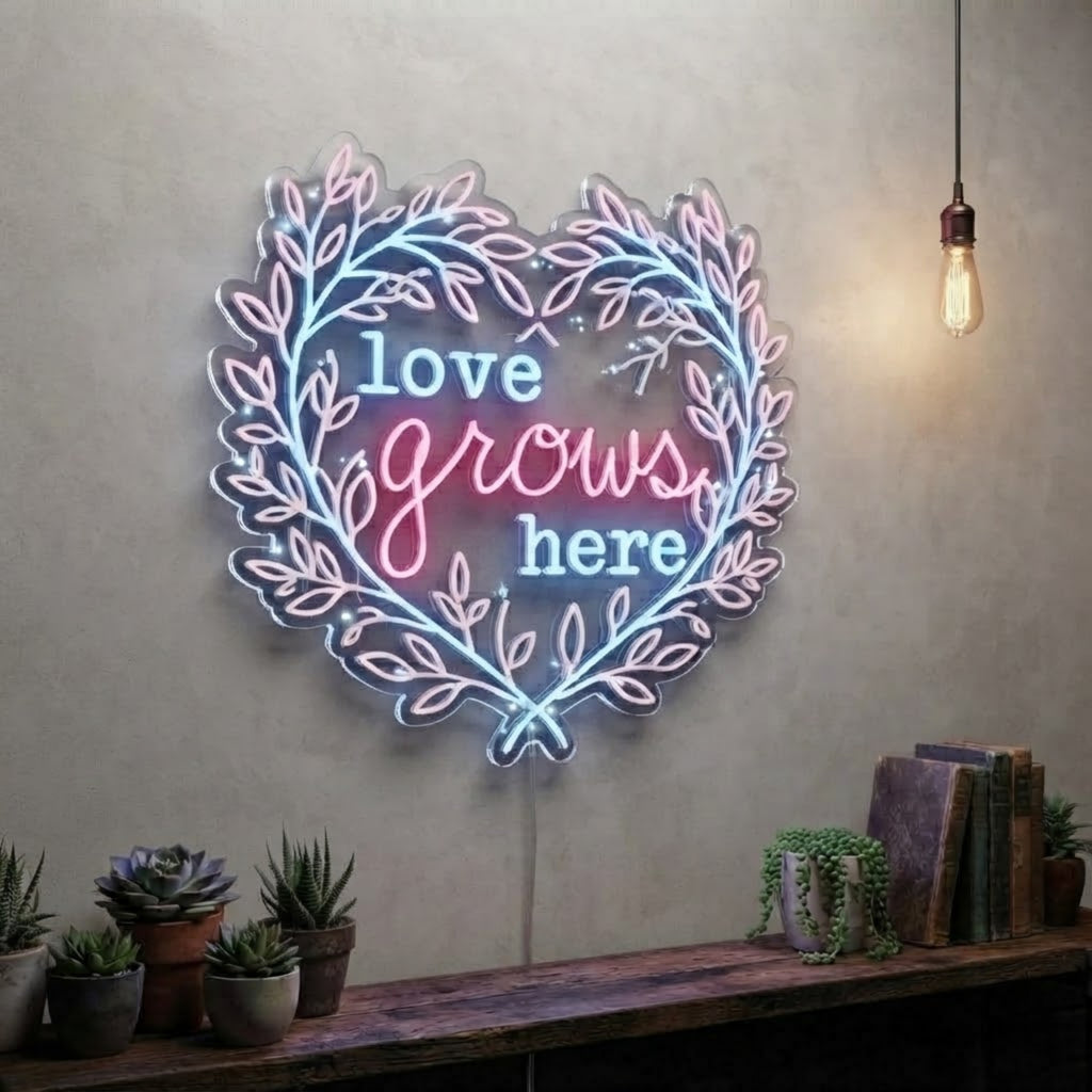 Love Grows Here Neon Sign Heart Shaped Floral LED Light, Romantic Wall Decor, Bo