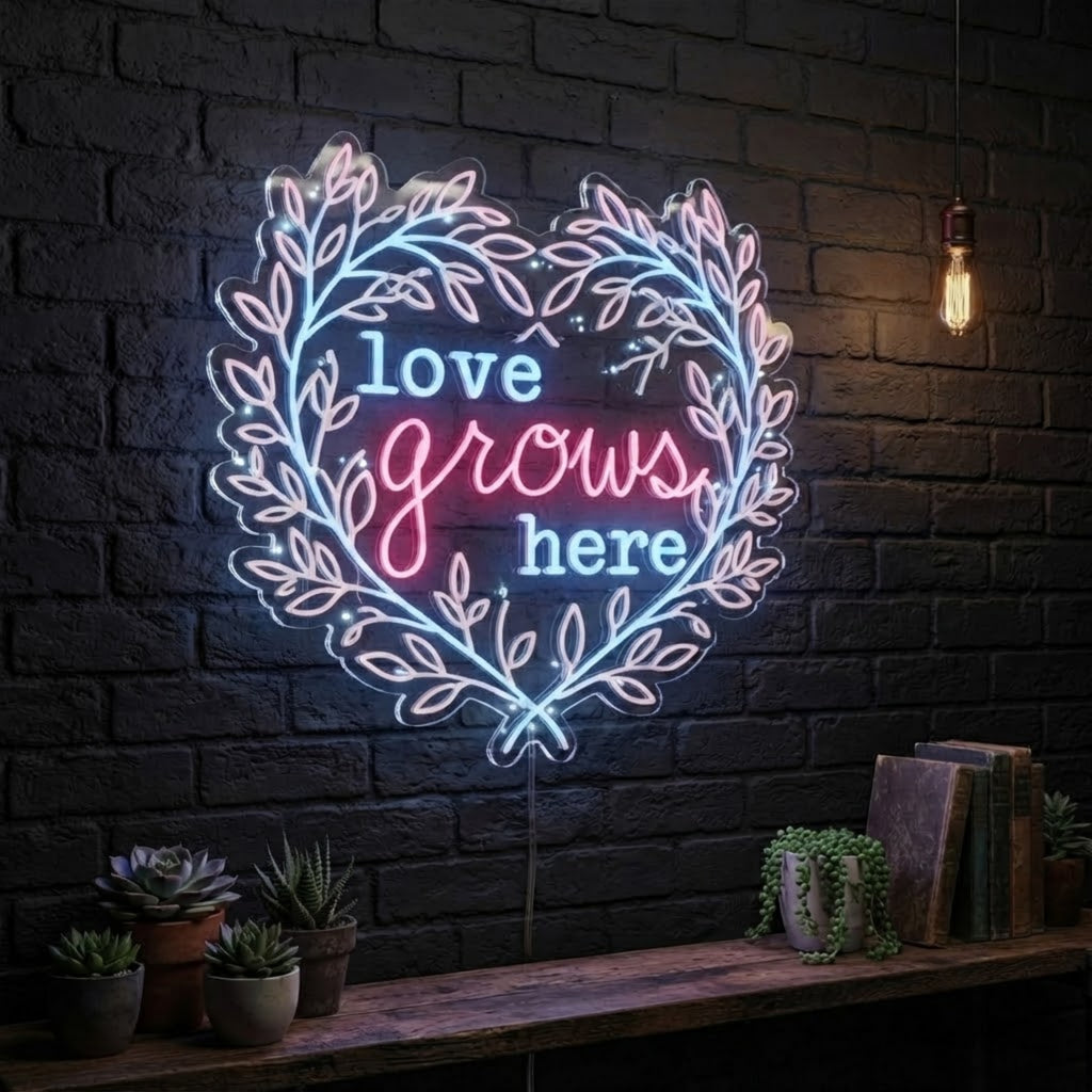 Love Grows Here Neon Sign Heart Shaped Floral LED Light, Romantic Wall Decor, Bo