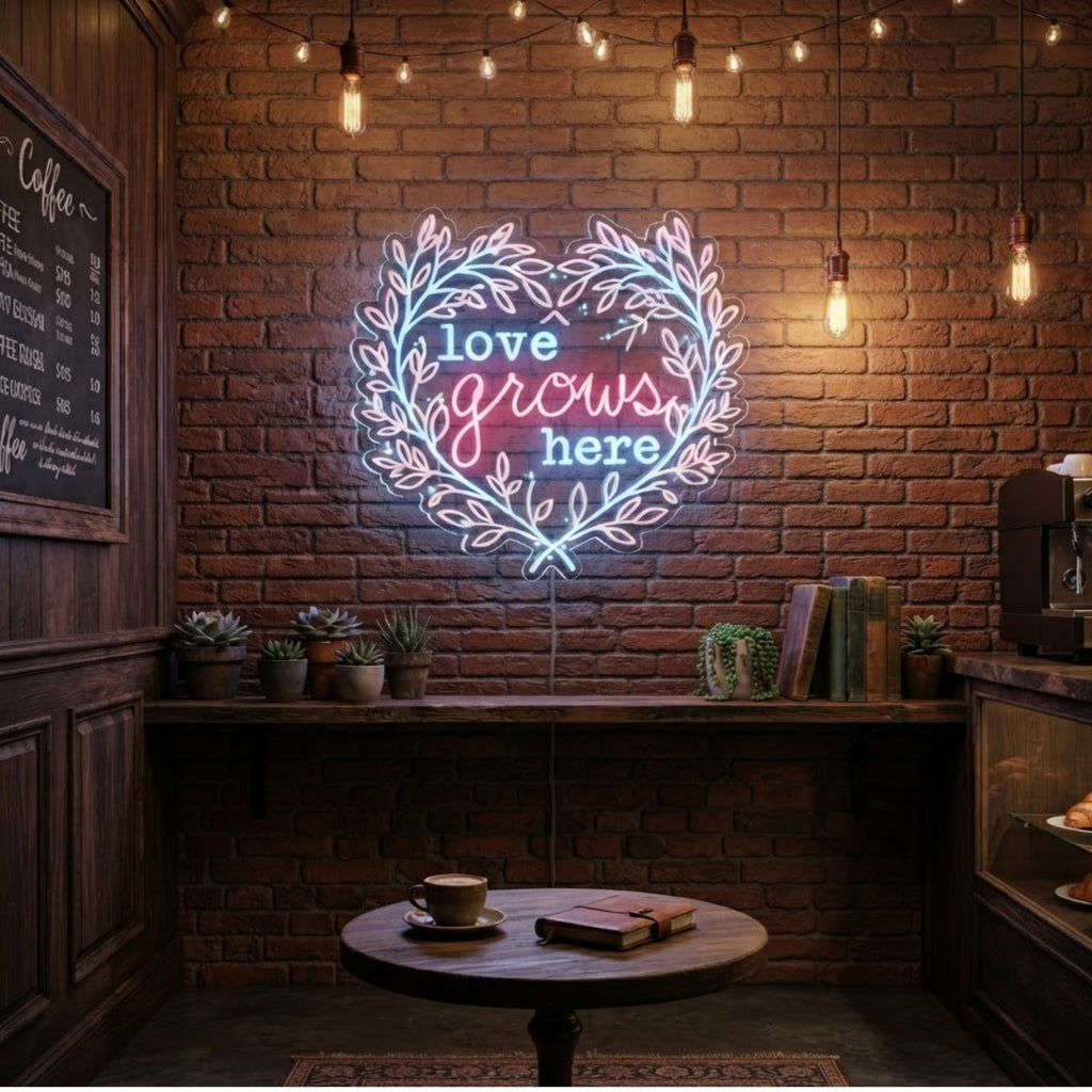 Love Grows Here Neon Sign Heart Shaped Floral LED Light, Romantic Wall Decor, Bo